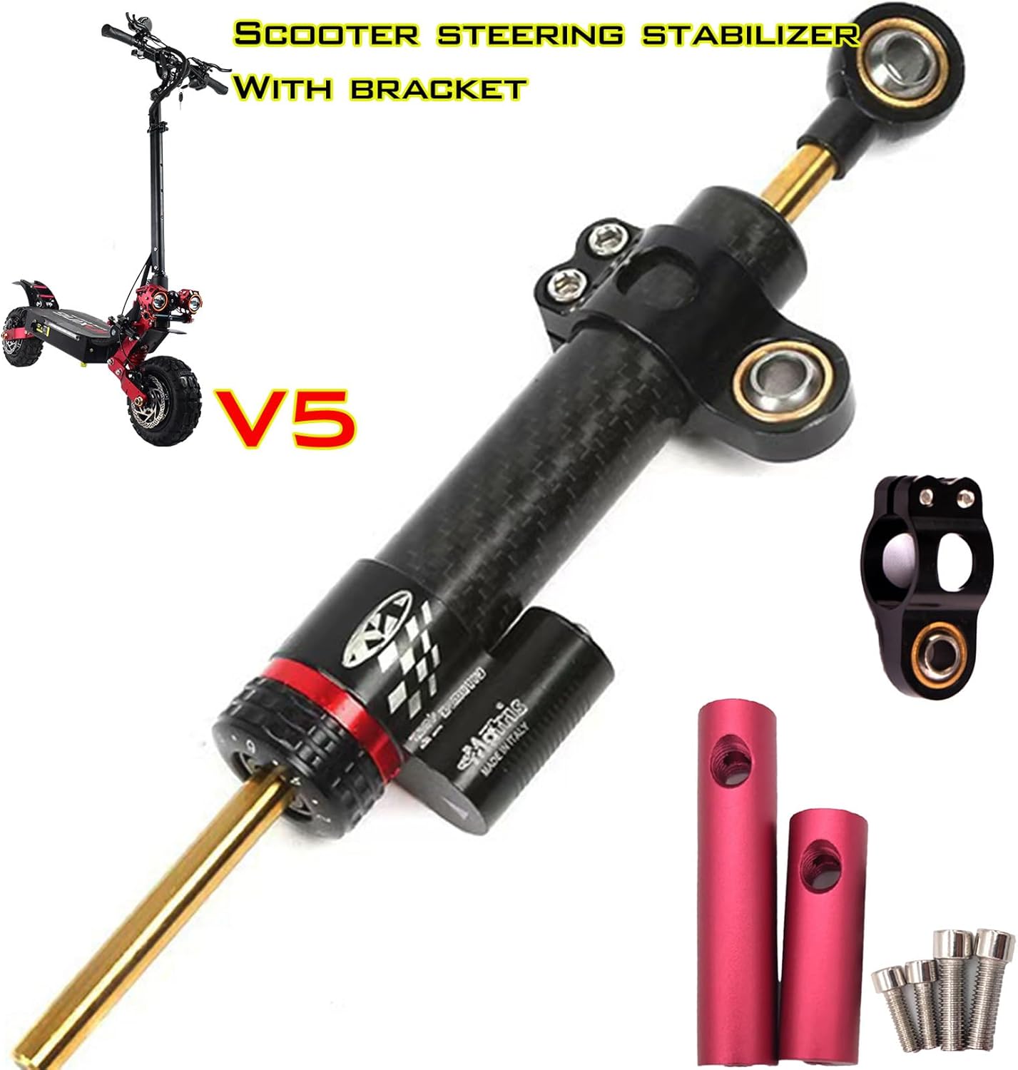 V5 Scooter Steering Damper Electric Scooter Shock Absorber Auxiliary Steering Bracket Steering Damper High-Speed ​​Dual Drive Scooter Steering Kit Suitable Scooter Accessories (Black-carbon fiber, 10)