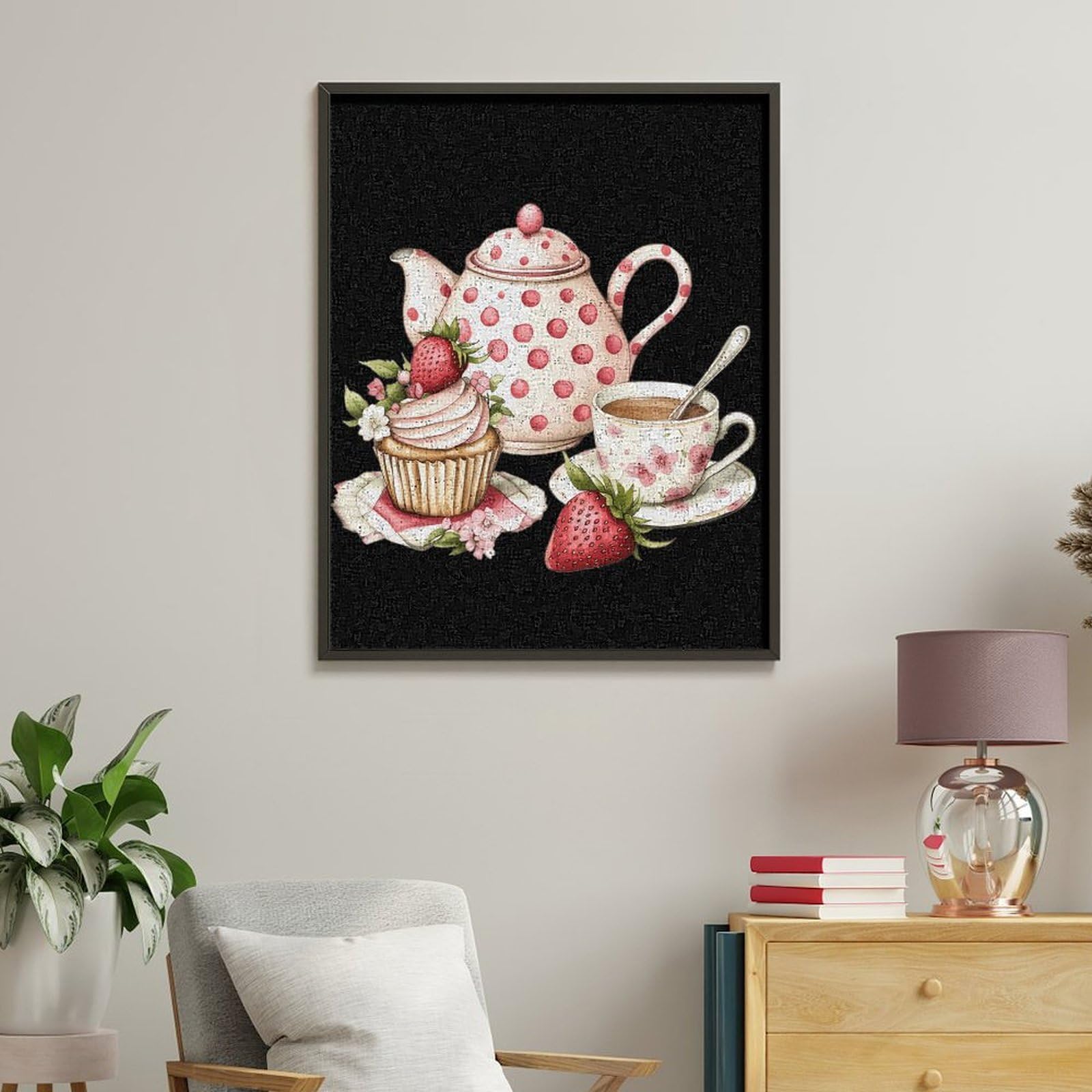 Nachmittag Teekanne Tasse Erdbeere Cupcake Lustiges Malen nach Zahlen Kit für Erwachsene Vertikal Baumwolle Digital Ölgemälde Wanddekoration Haus Geschenk 75x60cm