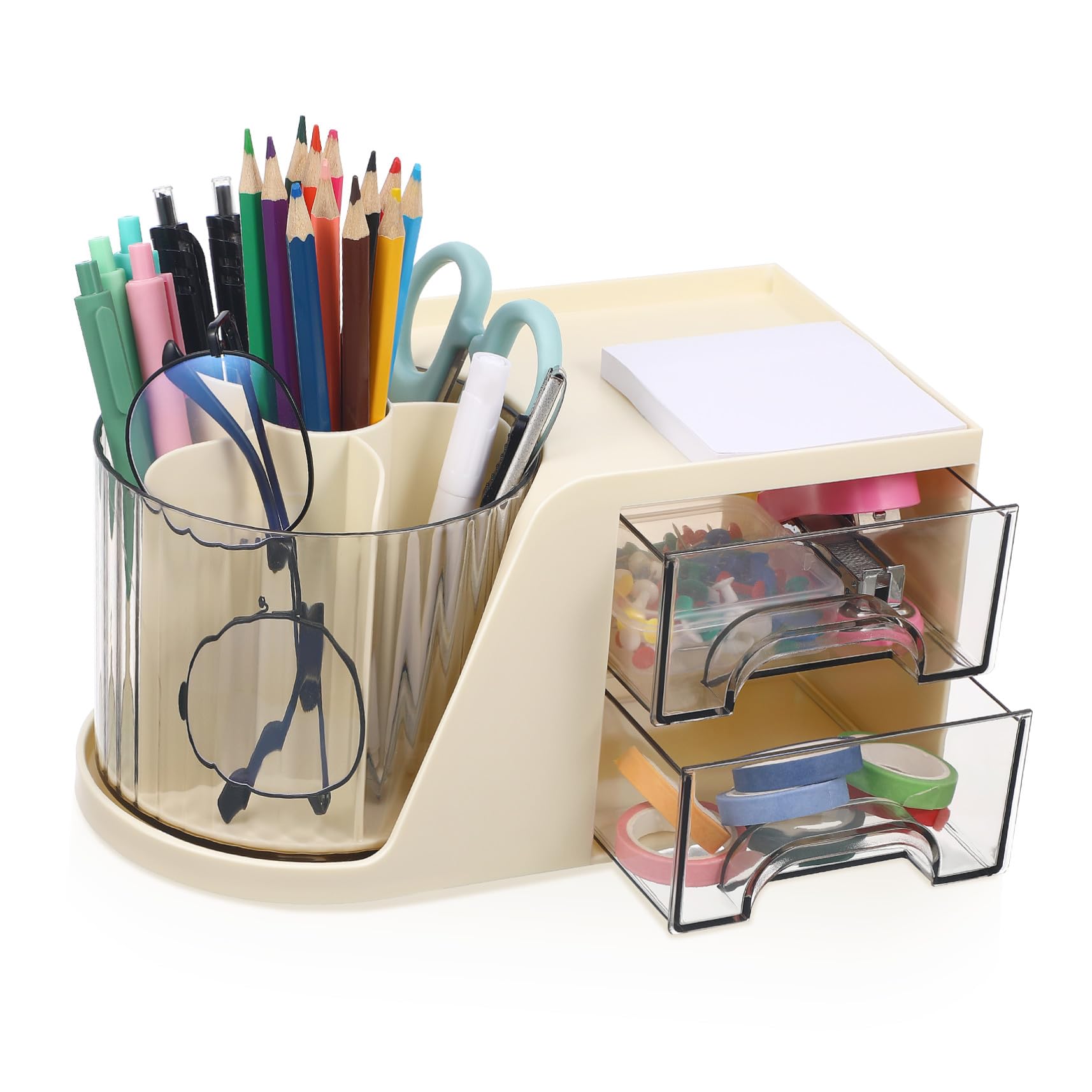 Beiger Stiftehalter aus Kunststoff, Drehbarer Desktop Organizer mit Fächern