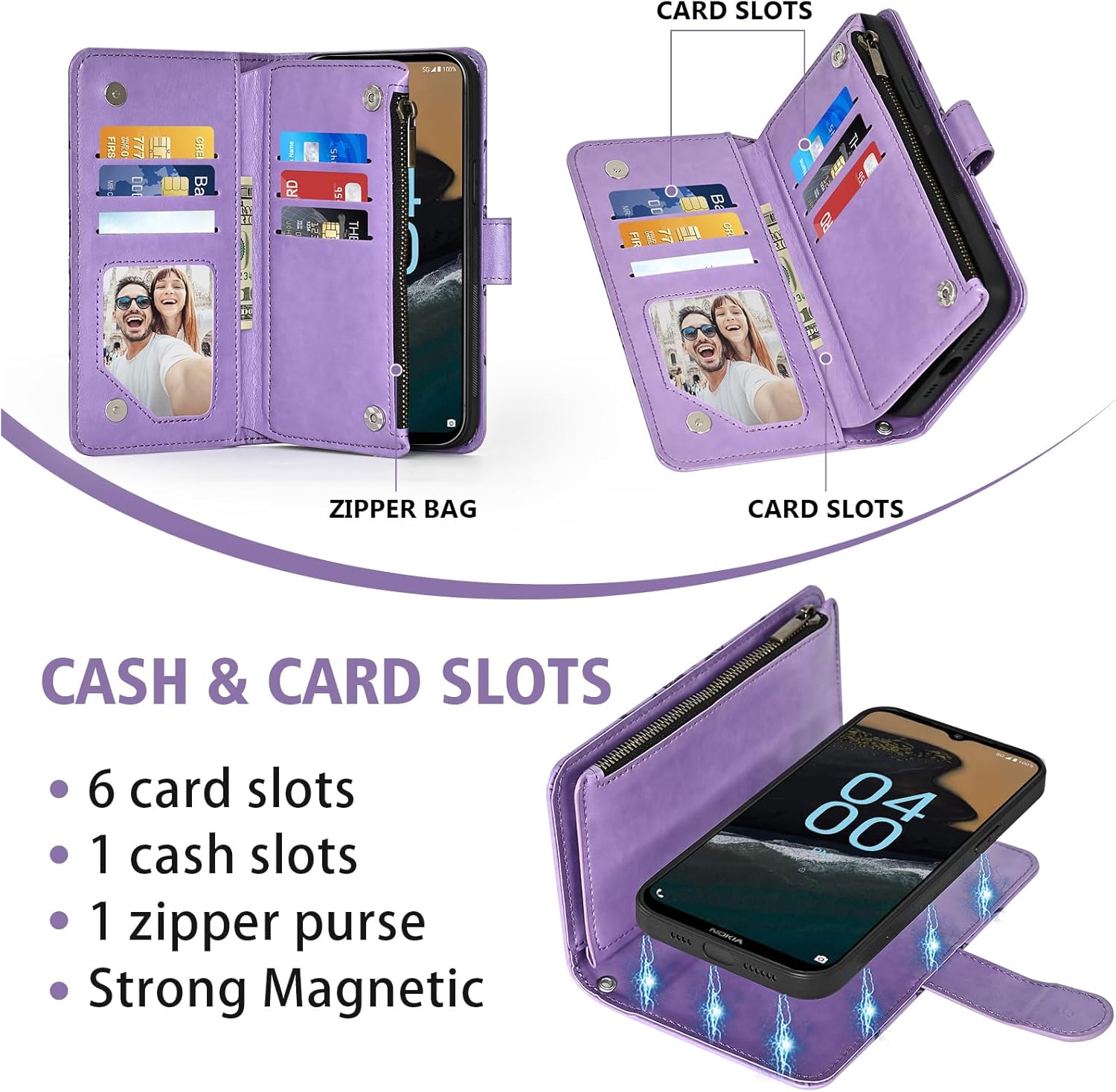 Asuwish Phone Case for Nokia G400 5G Zipper Wallet Magnetic Detachable Cell Cover with Tempered Glass Screen Protector Crossbody Strap Mandala Flower Card Holder G 400 400G 2022 Women Men Girls Purple