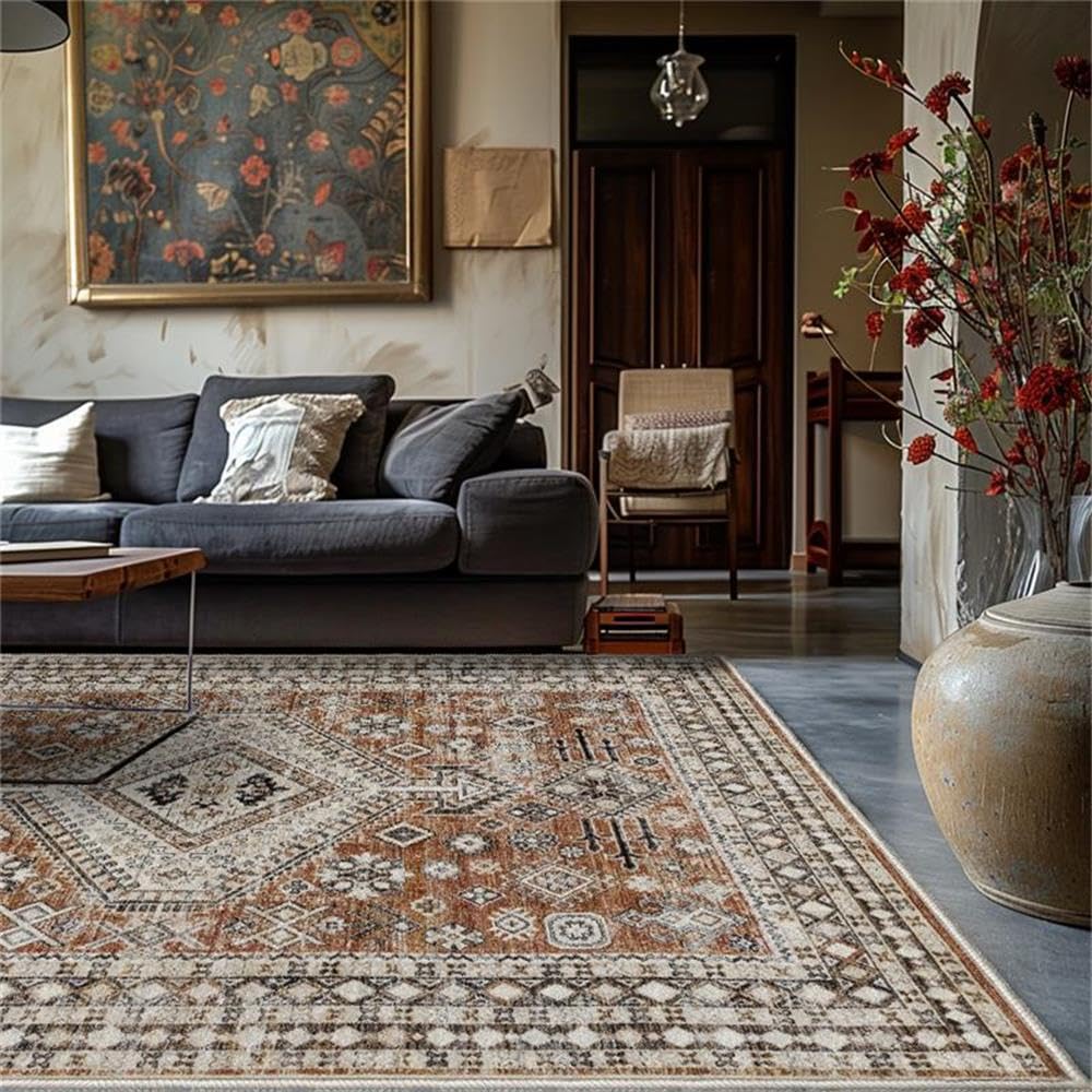 Tapis de salon lavable et antidérapant marron pour un entretien sans effort