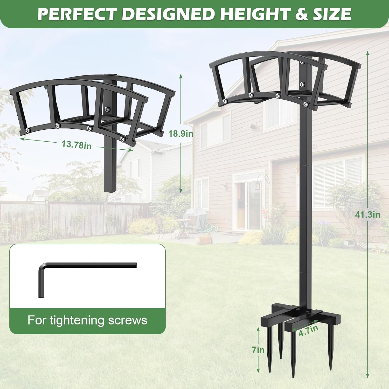OLV Garden Hose Holder 4 Spikes, Heavy Duty Freestanding Water Hose Holder Stand Holds 150-ft Hoses, Detachable Outdoor Metal Storage Hanger Organizer Rack for Outside Yard Lawn Farm