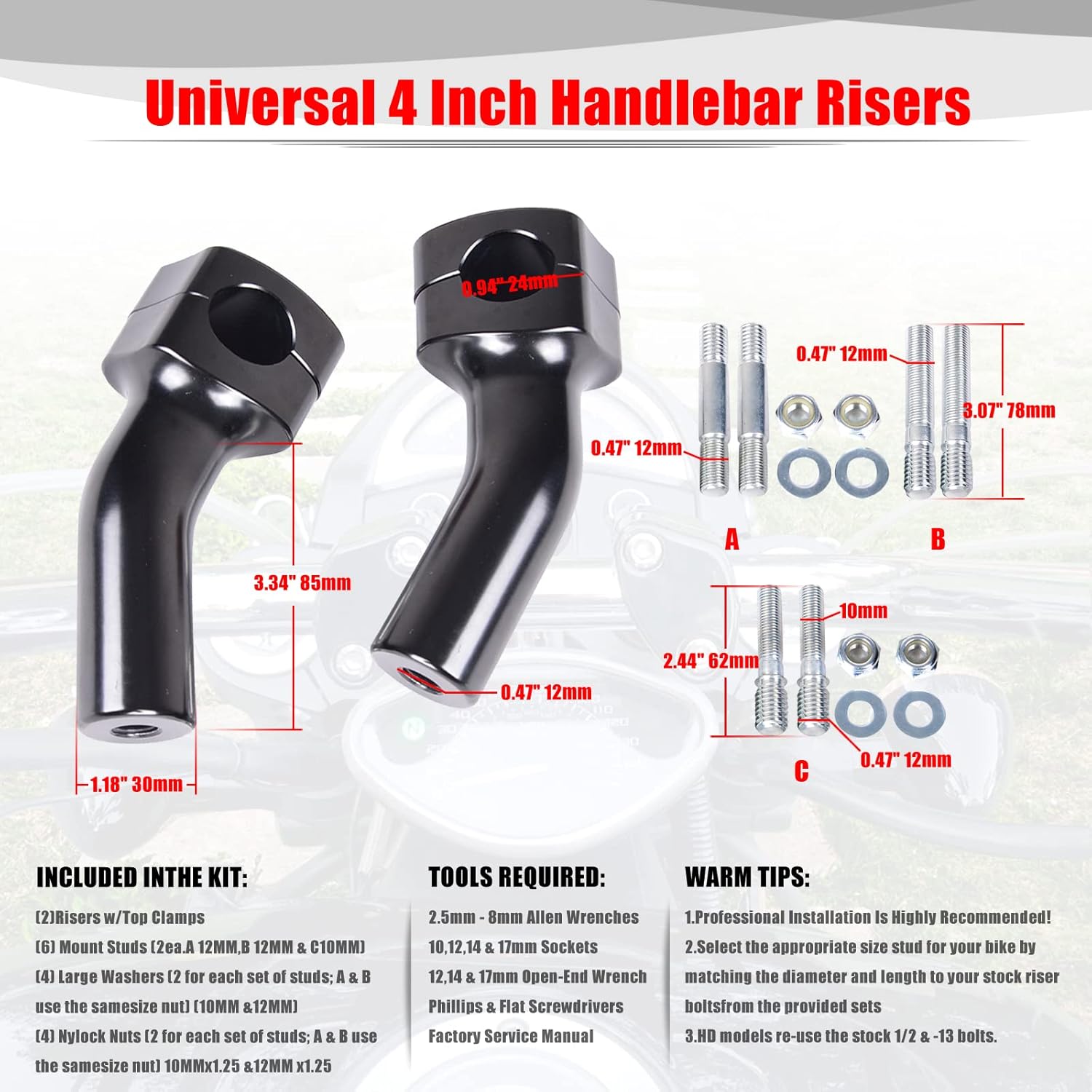 Goldfire 4" Harley Pullback Handlebar Risers Clamp for 1" Handlebar, Universal Fit for Shadow 750 Vulcan 900 Road Star XV1700 Harley Dyna Sportster Softail, 4 Inches Motorcycle Riser Kit (Black)