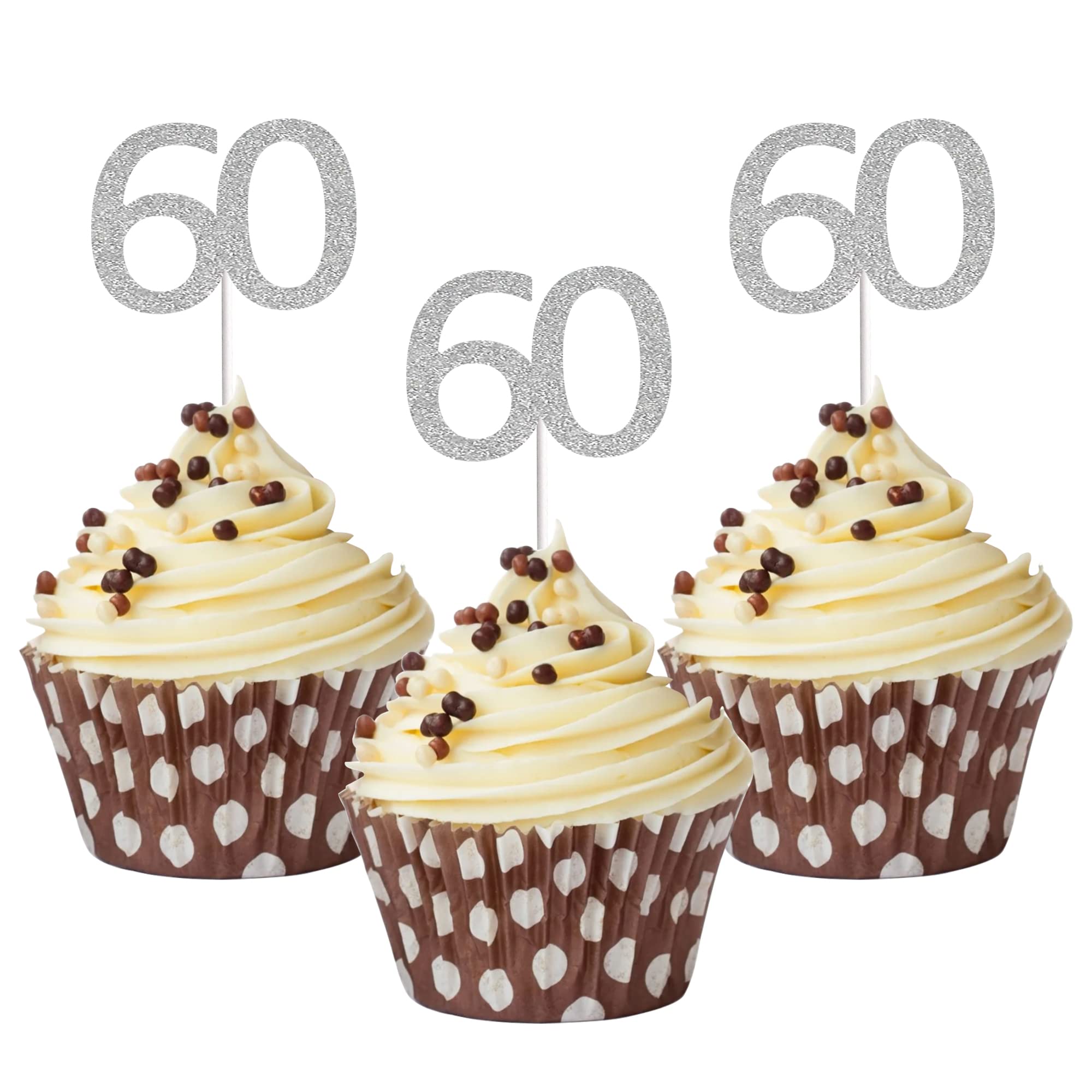 Sumerk 24PCS 60 Cupcake toppers Silver Glitter 60th Birthday Cupcake Picks Anniversary Party Decorations