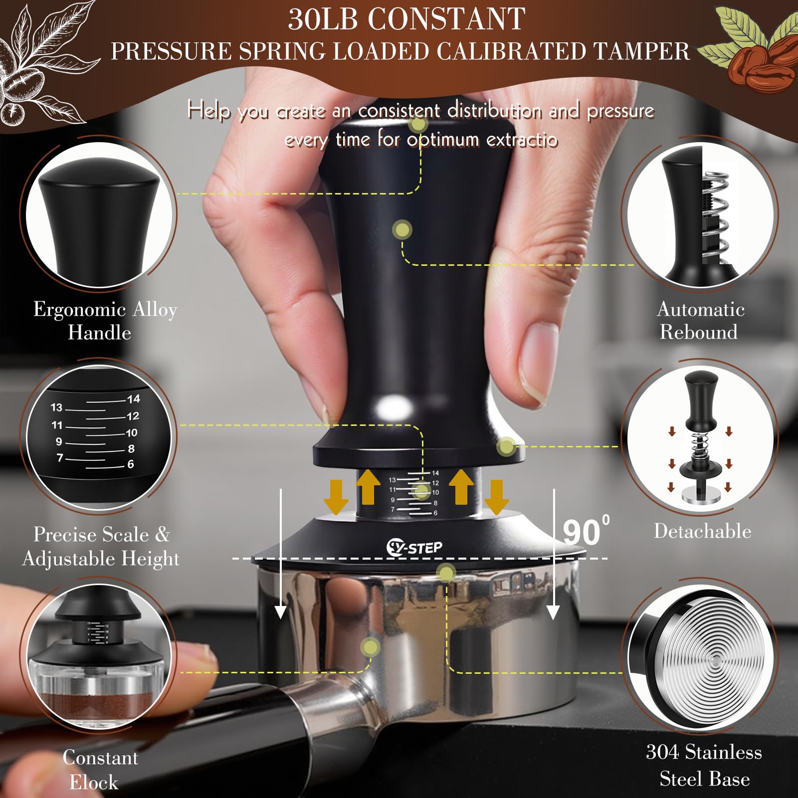 Y-Step Espresso Zubehör 8er Set, Kaffee Tamper 51mm mit Tamperstation, Coffee Leveler, WDT Tool, Dosierring, Reinigungsbürste, Puck Screen, Rührer, für Espressomaschine