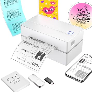 Bluetooth Thermal Shipping Label Printer 4x6 Wireless Label Maker with Tape for Small Business - Compatible with iPhone, Android, Windows & Mac, Widely Used for USPS UPS Amazon Shopify, White