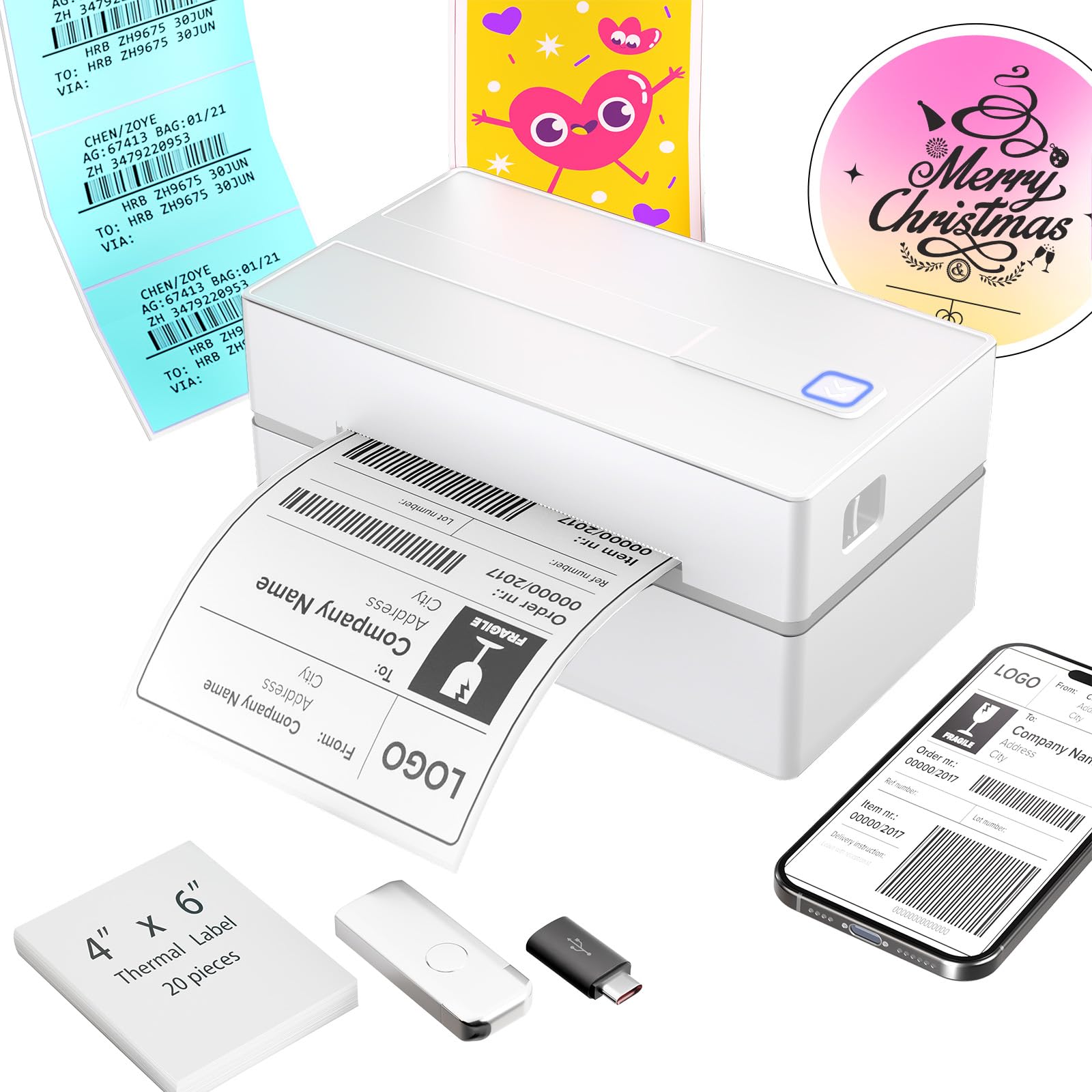 Bluetooth Thermal Shipping Label Printer: 4x6 Wireless Label Maker with Tape for Small Business - Compatible with iPhone, Android, Windows & Mac, Widely Used for USPS UPS Ebay Amazon Shopify, White