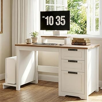 Farmhouse 47.2 Computer Desk with Adjustable File Drawer, 3 Drawers Reversible Executive Desk with PC Case Stand & Movable Monitor Stand , Workstation for Home Office, Study, Writing,Unique White