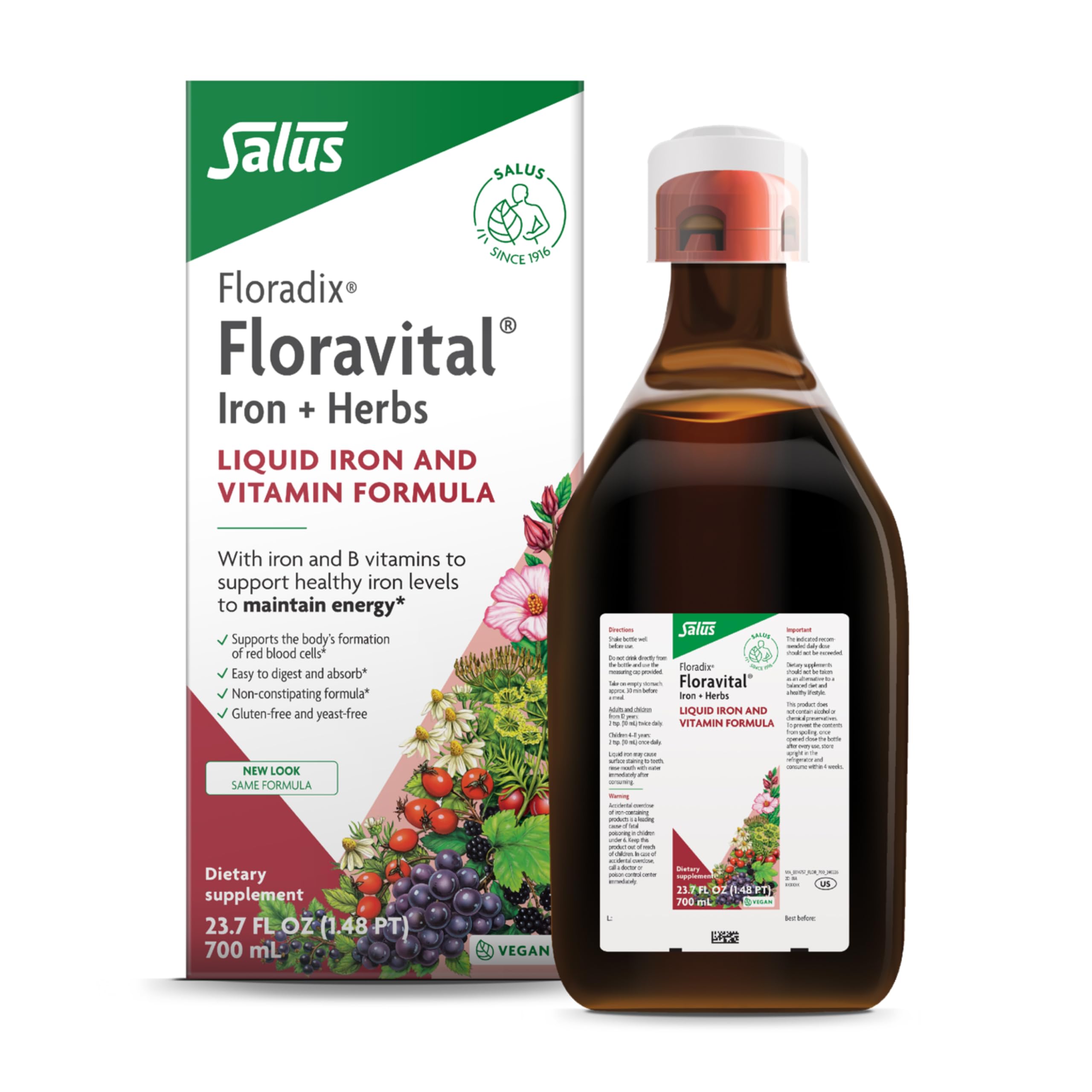 Floradix Floravital Liquid Iron & Vitamins Formula - Liquid Iron Supplement with B Complex Vitamins, Vitamin C & Herbs for Energy Support* - Vegan, Gluten-Free, Yeast- Free, Non-GMO - 23.7 Fl Oz