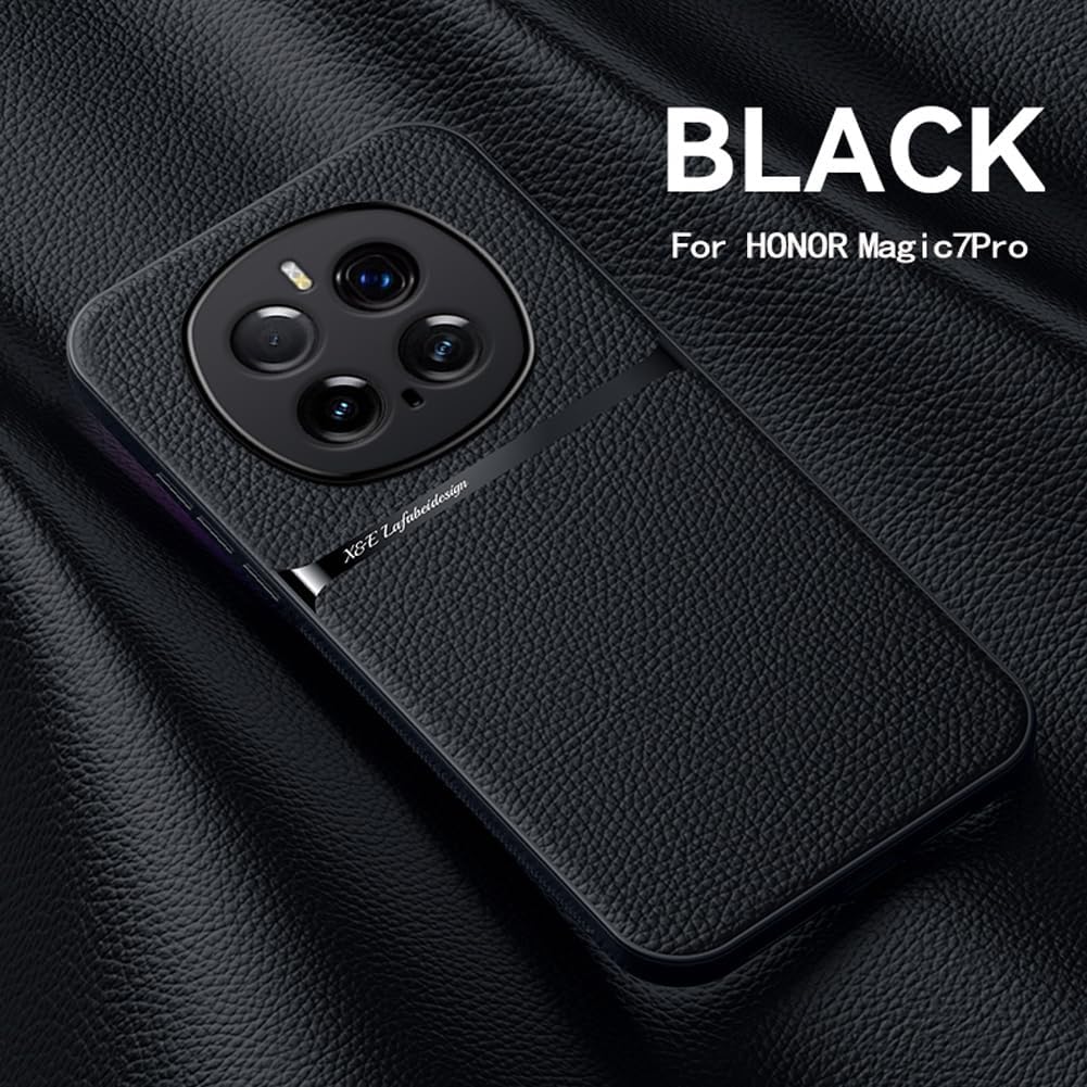 Case Compatible for Honor Magic 7 Pro - Litchi Grain Magnetic Holder Built-in Metal Plate Cover Bumper - Black - Image 5