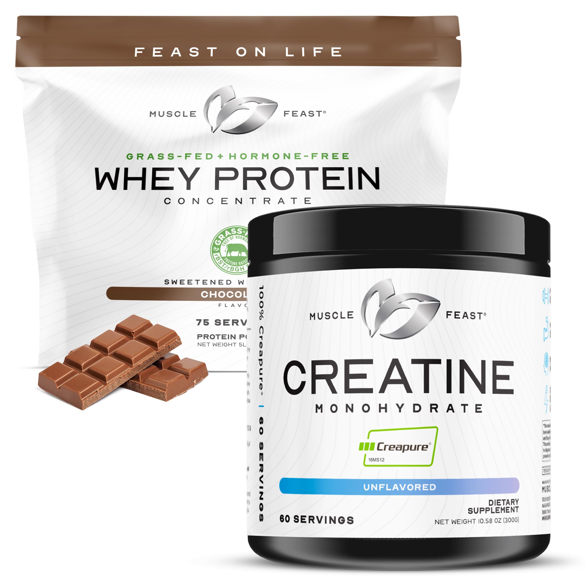 Muscle Feast Bundle – Grass-Fed Whey Protein Concentrate Chocolate 5lb (1 Unit) + Creapure Creatine Monohydrate Powder Unflavored 300g (1 Unit), All Natural Hor