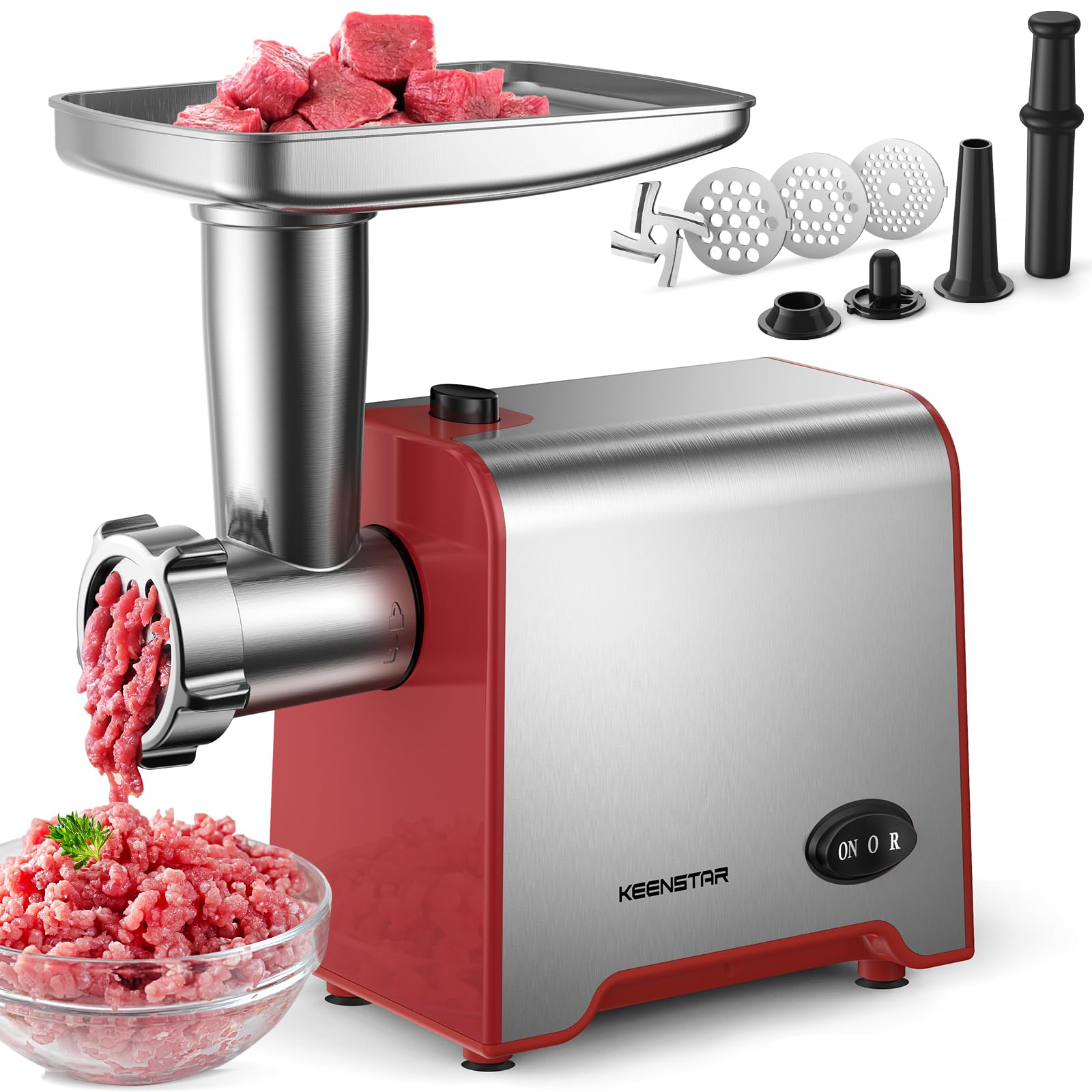 KEENSTAR Electric Meat Grinder, Sausage Stuffer Maker 450W Food Grinder with Blade & 3 Plates, Sausage Stuffer Tubes & Kubbe Kit, Stainless Steel Meat Mincer Machine for Home Kitchen Use (Red)