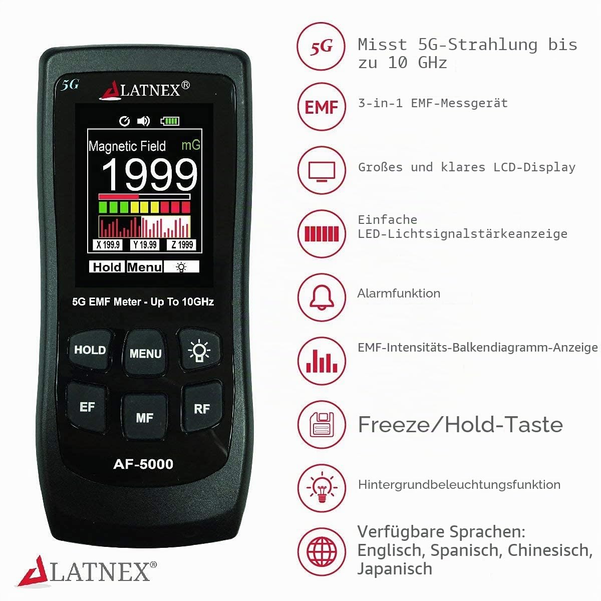 LATNEX AF-5000 5G EMF-Messgerät, HF-Detektor, Tester und Lesegerät mit Kalibrierzertifikat – misst HF- und Mikrowellen, 3-Achsen-Magnetfelder und elektrische Felder
