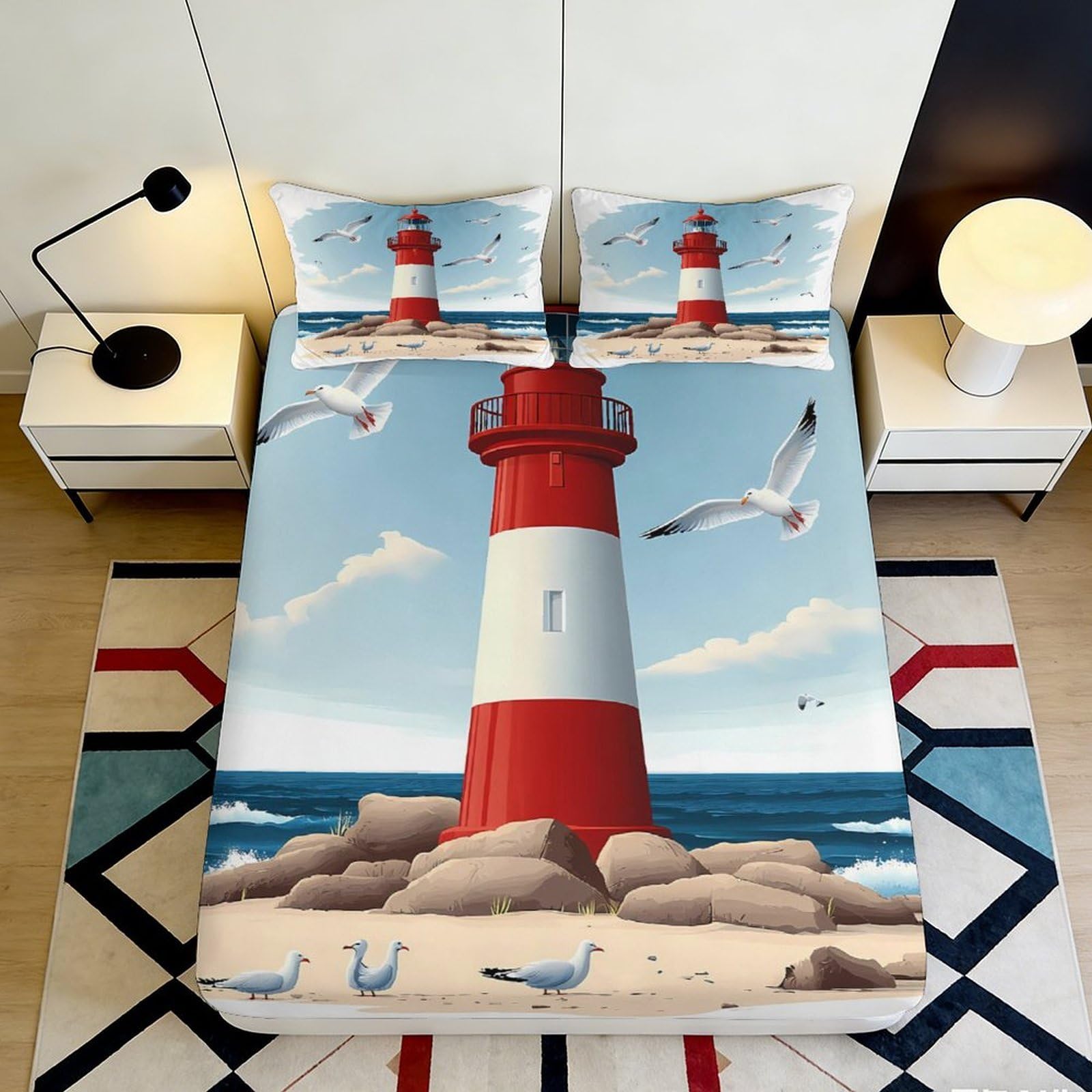 Jqzkxnhpbr Style-2 3D Printed Lighthouse Seaside Fitted Sheet Microfiber Soft Breathable Ocean Wave Bed Cover For Bedroom Decor 90X200x25cm