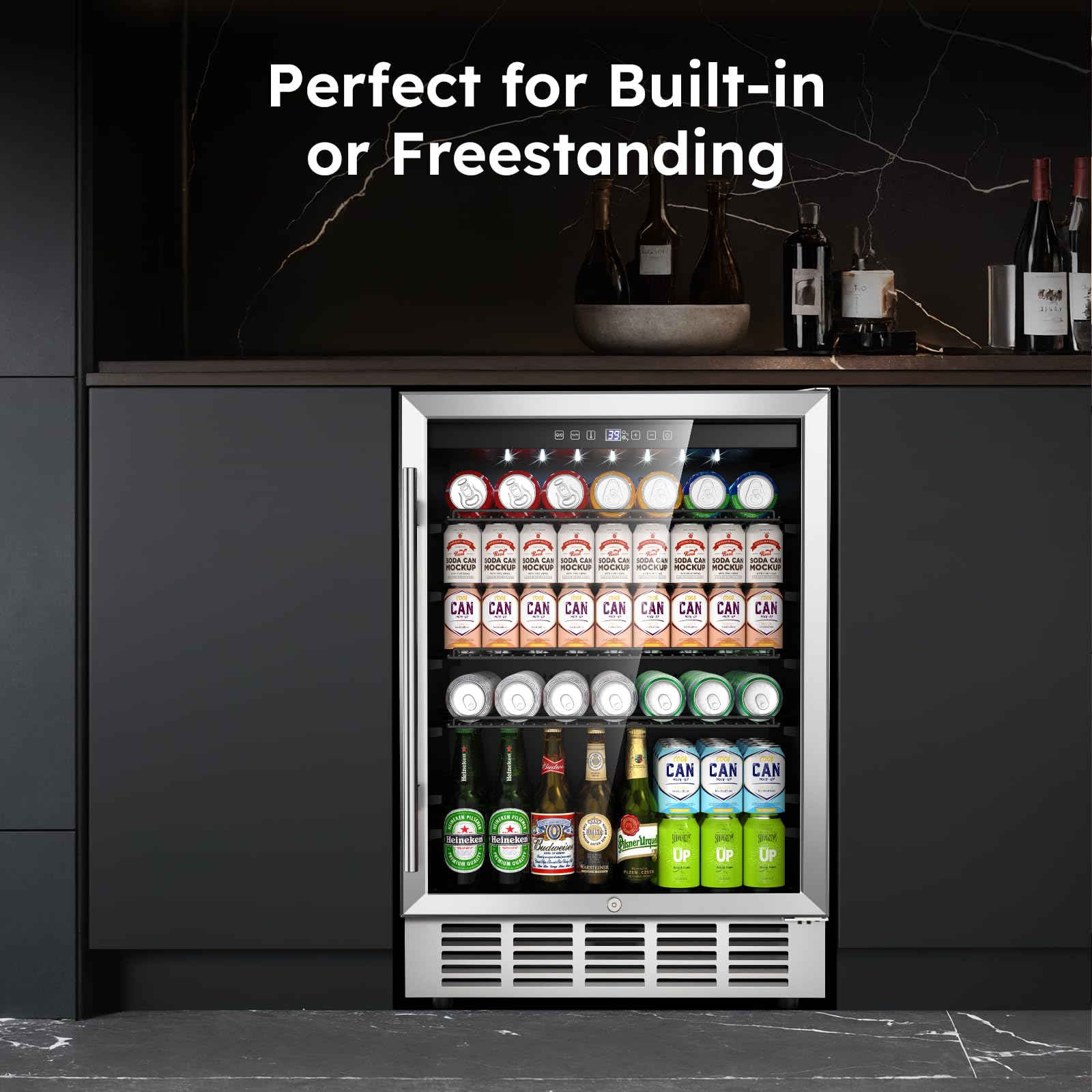 24 Inch Beverage Refrigerator, 190 Cans Built-In/Freestanding Beverage Cooler, Digital Memory Under Counter Beer Fridge With Glass Door, Safety Locks, Removeable Racks (Glass Door) on Fridge.com - View 5