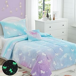 KALEIDOSPACE Kids Twin Comforter Sets for Girls, Glow in The Dark Unicorn Bedding Sets -3 Pieces Lightweight Bed in A Bag