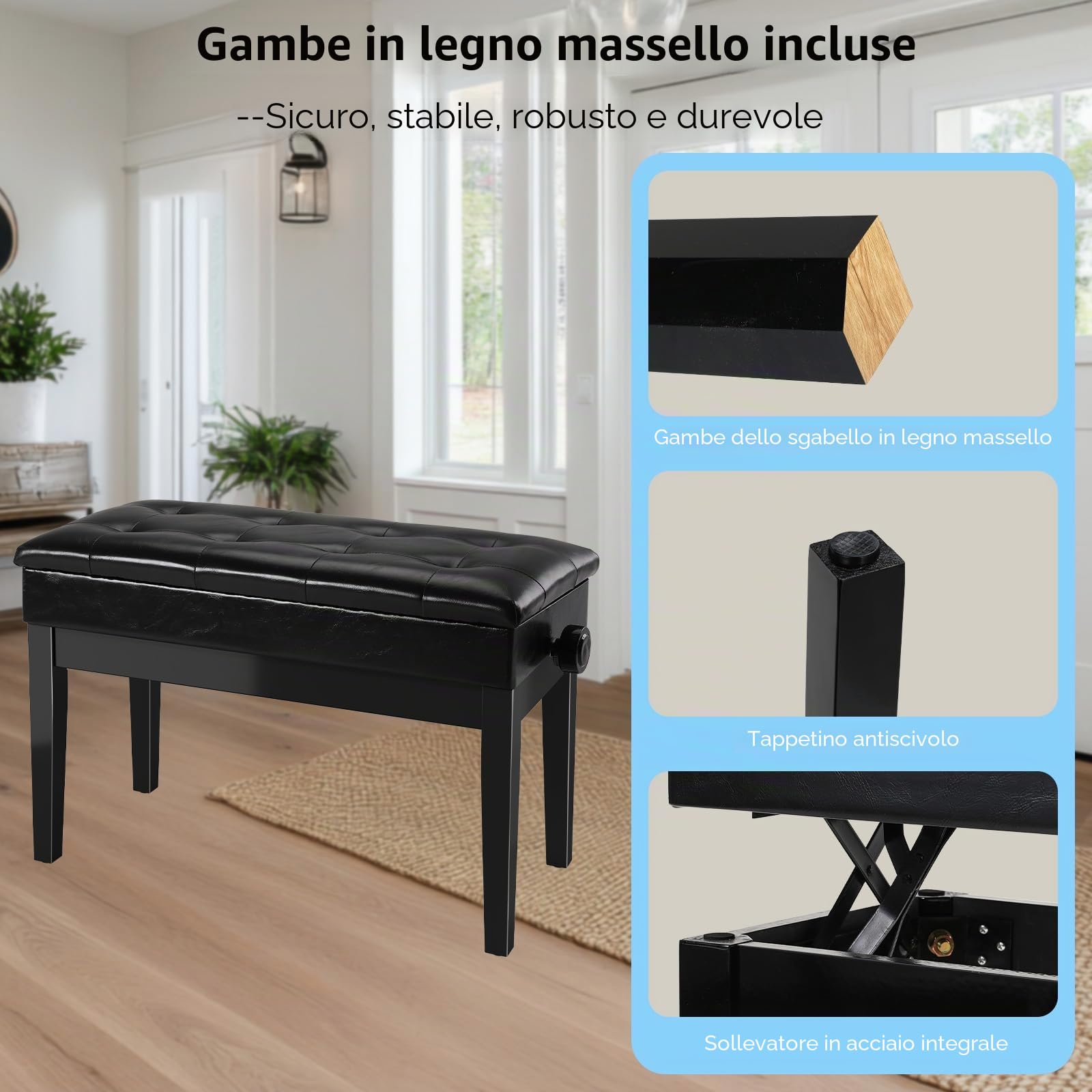 MAMIZO Sgabello Pianoforte Regolabile in Altezza 2 Persone 73x35x48-58CM, 4 PCS Gambe in Legno Massello Sgabello Tastiera, Panca Pianoforte con Archiviazione, Sgabello Pianoforte Max 200KG, Nero