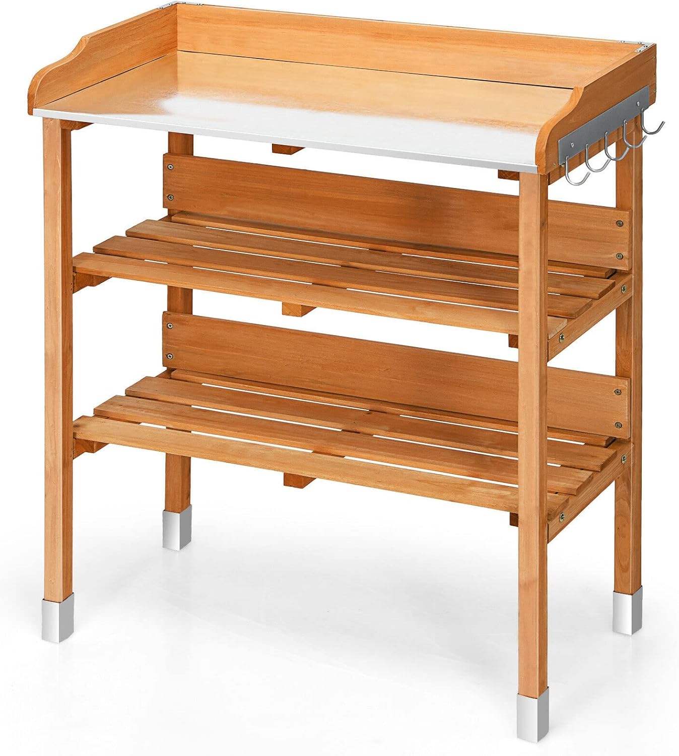 LUARANE Wooden Garden Potting Bench Work Station, 3-Tier Storage Shelf, Metal Tabletop Bonsai Table with 5 Hooks on The Side
