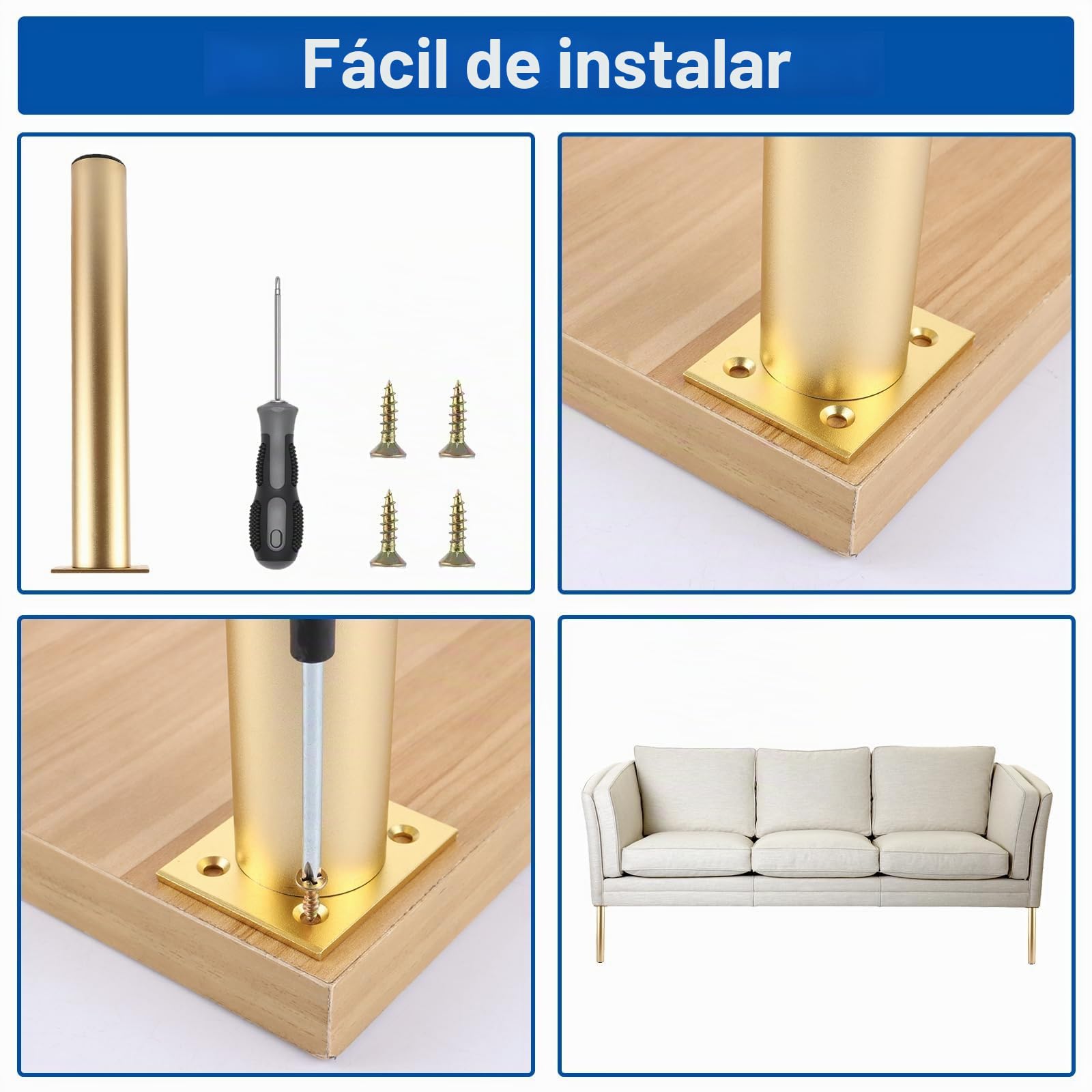 YAYODS - Juego de 4 patas de muebles (25 cm, ajustable, metal dorado, con tornillos, para sofá, TV, mesilla de noche, mesa de café, armario, oficina