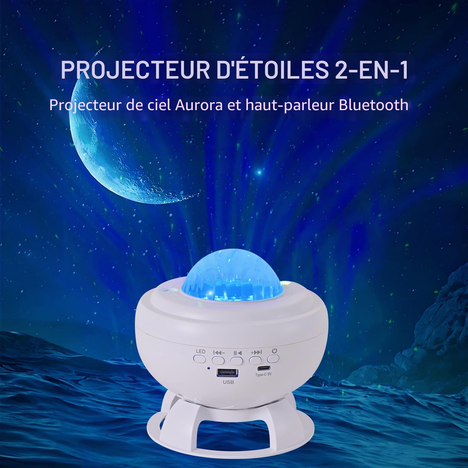 Projecteur Ciel Étoilé Lumière Boréale Veilleuse Enfant et Adulte 8 Couleurs Bluetooth Musicale LED Décoration Chambre Blanc