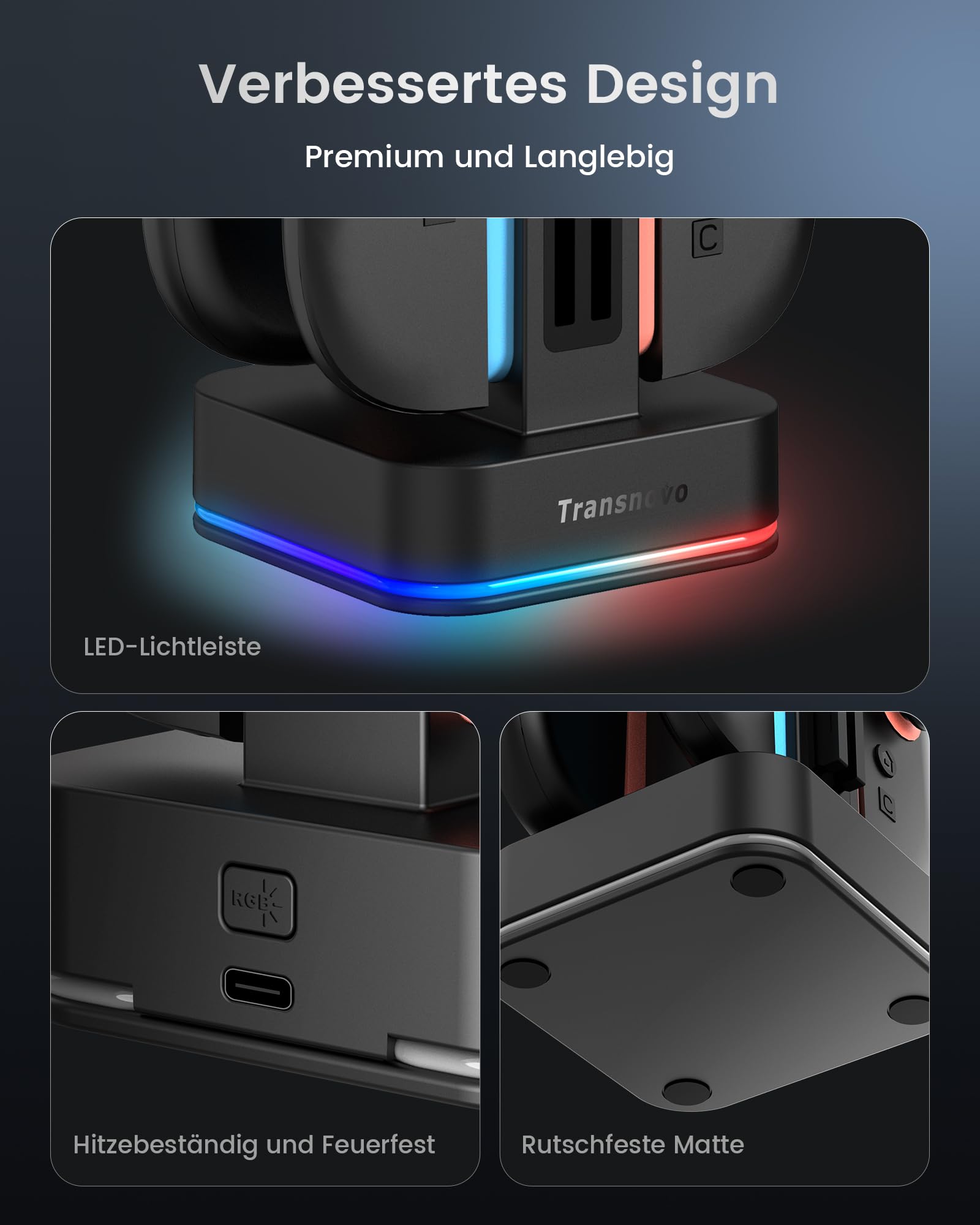 TRANSNOVO Ladestation für Nintendo Switch 2, 4-Fach Controller Ladestation mit LED-Anzeige, 9 RGB-Beleuchtungsmodi, 8 Spielkarten-SpeicherpläTZE & Gleichzeitiges Laden von 1–4 Joy-Cons