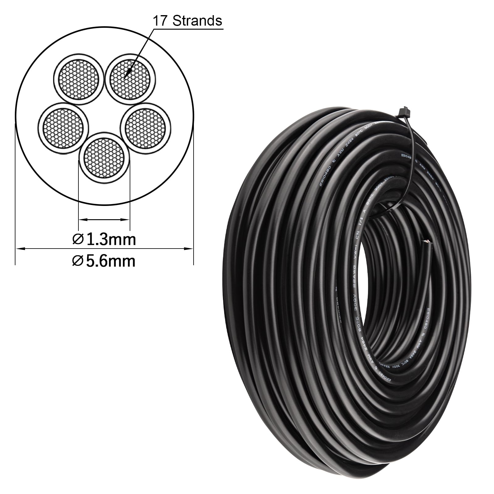 Urcianow 20Meters 22Gauge 5 Core Electrical Cable 0.32mm Cable 3.5Amps 22AWG Black PVC Wire Cable UL2464 Tinned Copper wire Cord Extension Low Voltage Cable - Image 2