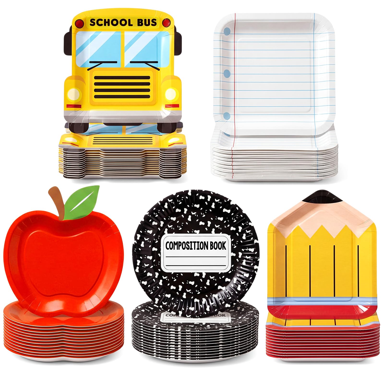 Domensi 60 piatti di carta per il rientro a scuola, per il primo giorno di scuola, autobus, matite, quaderno, mela rossa, piatti usa e getta, set da tavola per asilo, scuola materna, laurea, feste