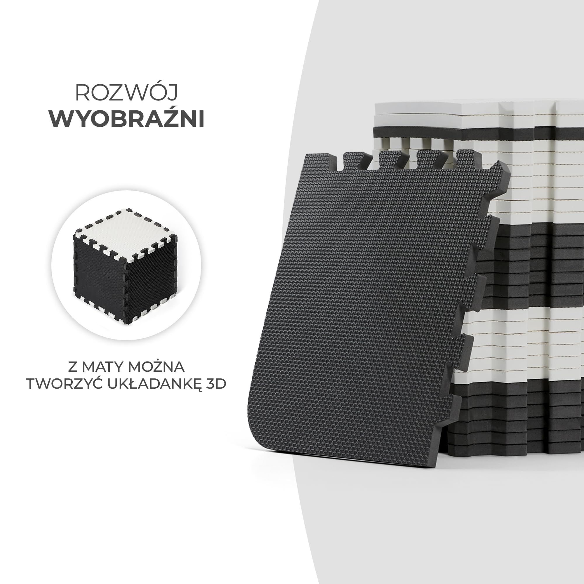 Kinderkraft Mata piankowa LUNO, Wielofunkcyjna, Puzzle 30 elementów, Wodoodporna, Izolacja od podłogi, Antypoślizgowa powierzchnia, Łatwe czyszczenie, Torba do transportu w zestawie, Czarno Biały