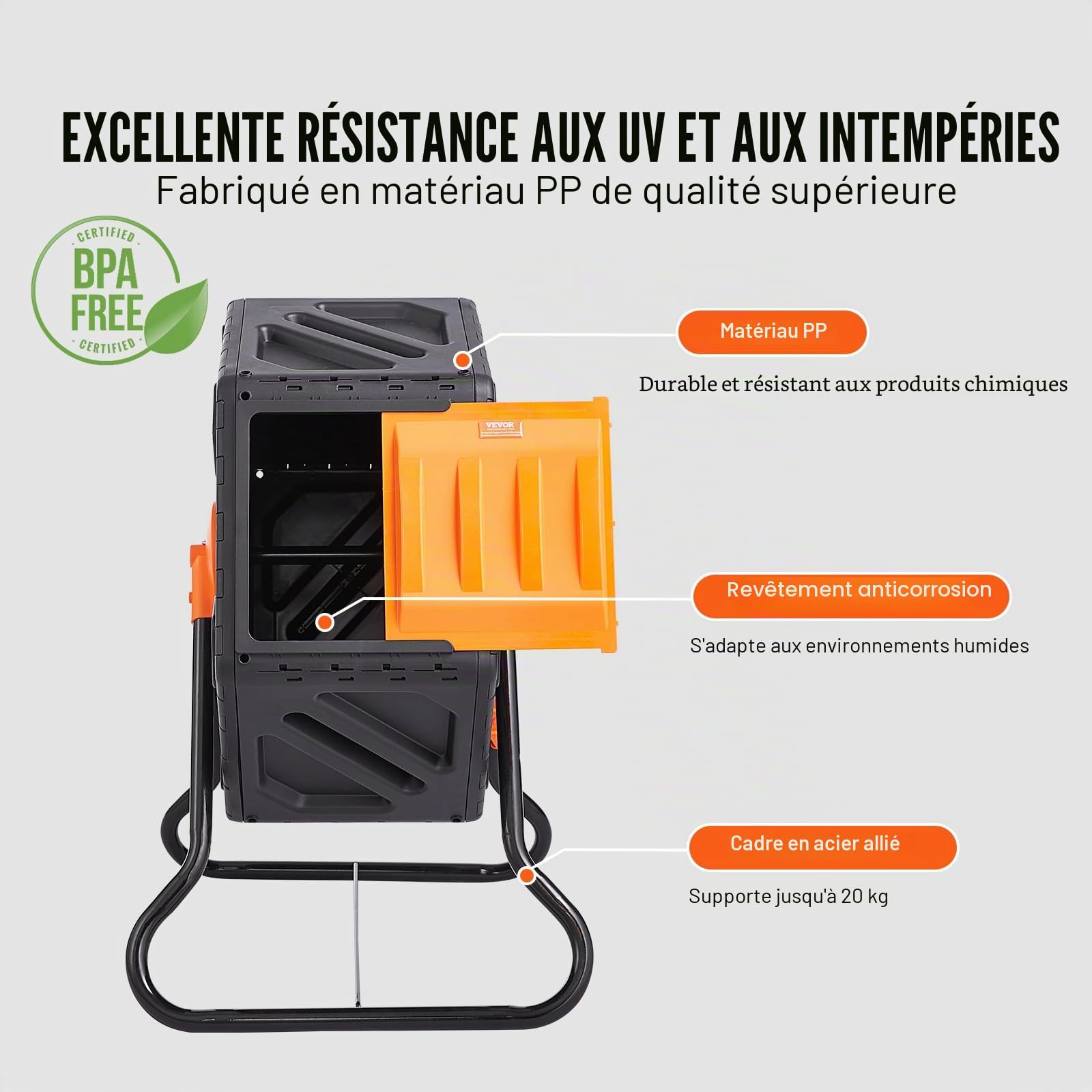 VEVOR Composteur de Jardin Rotatif 70 L Bac à Compost Rotatif 360° en PP et Acier sans BPA Charge 20 kg Chambre Unique pour Compostage des Déchets Organiques Cuisine Jardinier Terrasse Patio Extérieur
