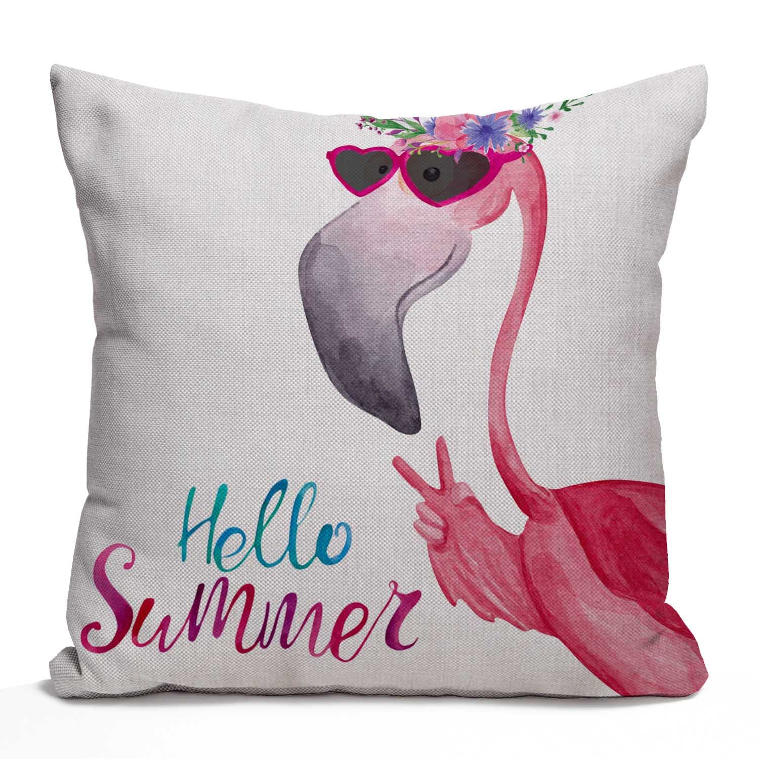 Tomda Hello Summer Flamingo Decorative Cushion Cover Watercolor Flamingo in Sunglasses and Floral Wreath Decoration Throw Pillow Case Home Decor 45x45cm 18x18 Inch Cotton Linen for Sofa Couch