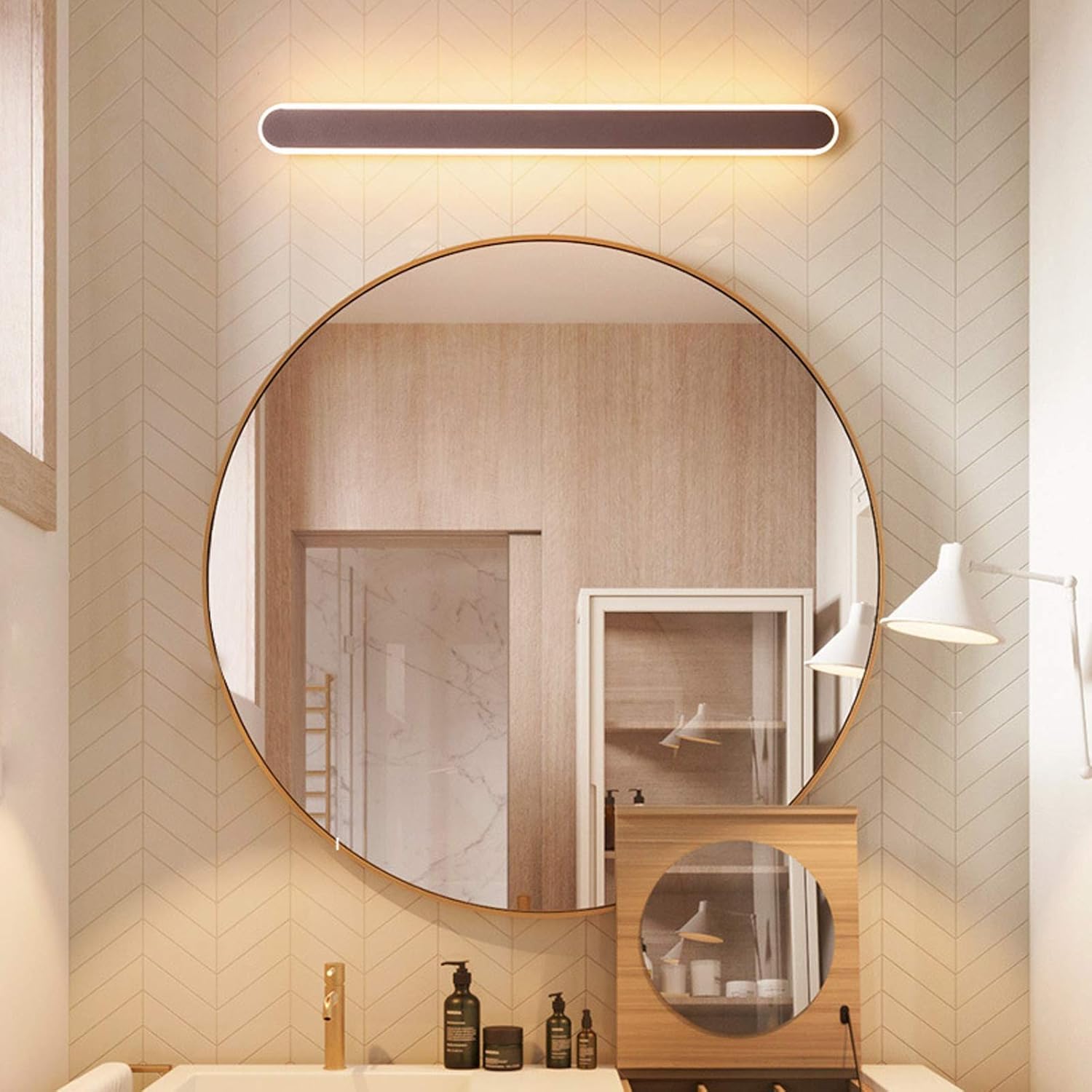 Lampa łazienkowa LED z lustrem, brązowa, nowoczesny styl, oświetlenie LED nad lustrem, 3 temperatury barwowe