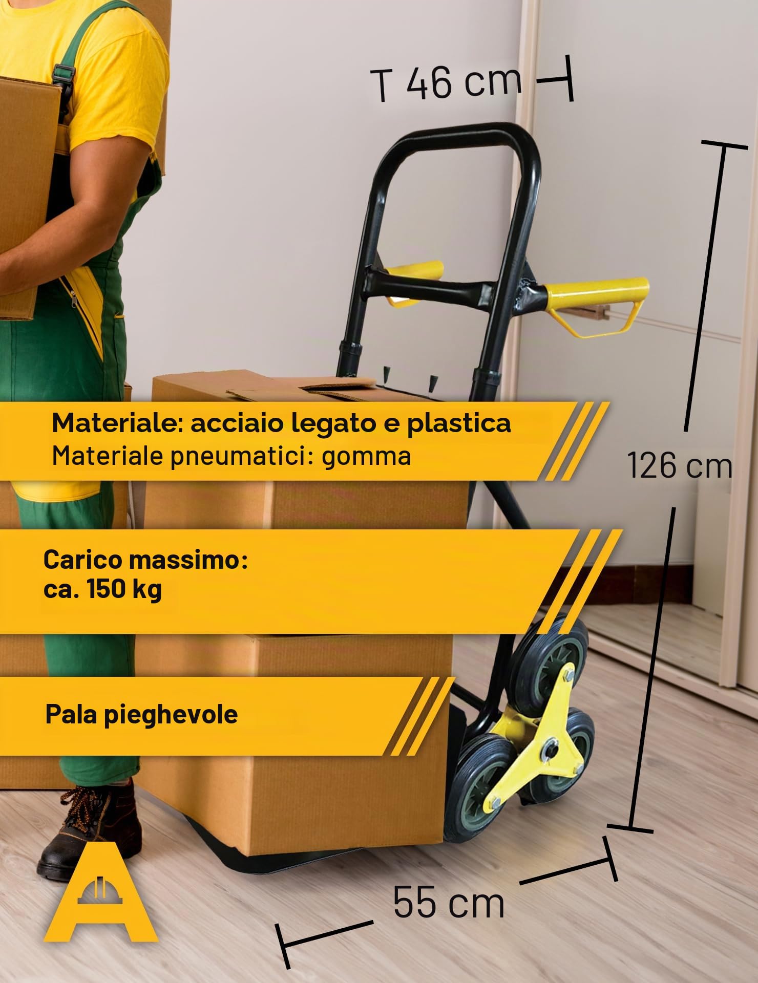 Malocher, carrello pieghevole per salire le scale, portata 200 kg, 6 ruote a stella per un facile trasporto, maniglie rivestite in gomma, ideale per traslochi e carichi, AND_4