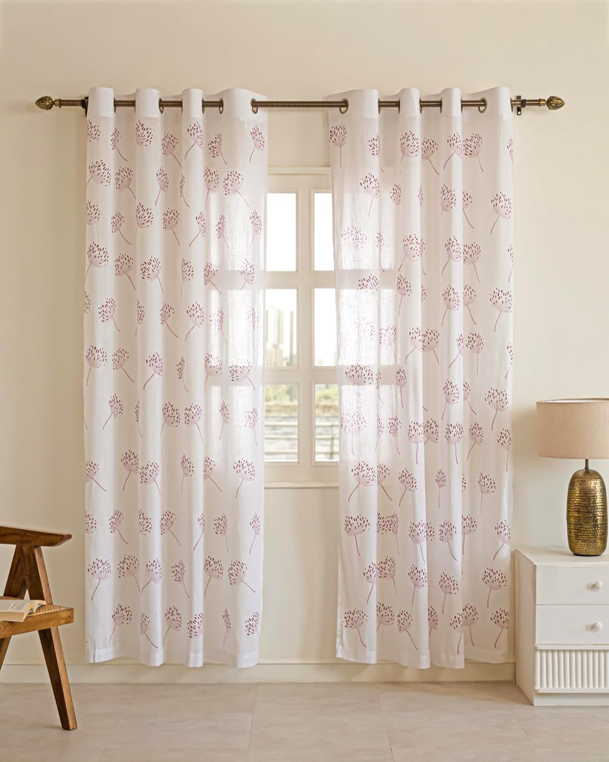 THE LINEN COMPANY Cotton Solid Sheer Door Curtain with Steel Grommet Rings, 4.5 Ft X 7 Ft, Wine Dandelions, Set of 2 Pcs