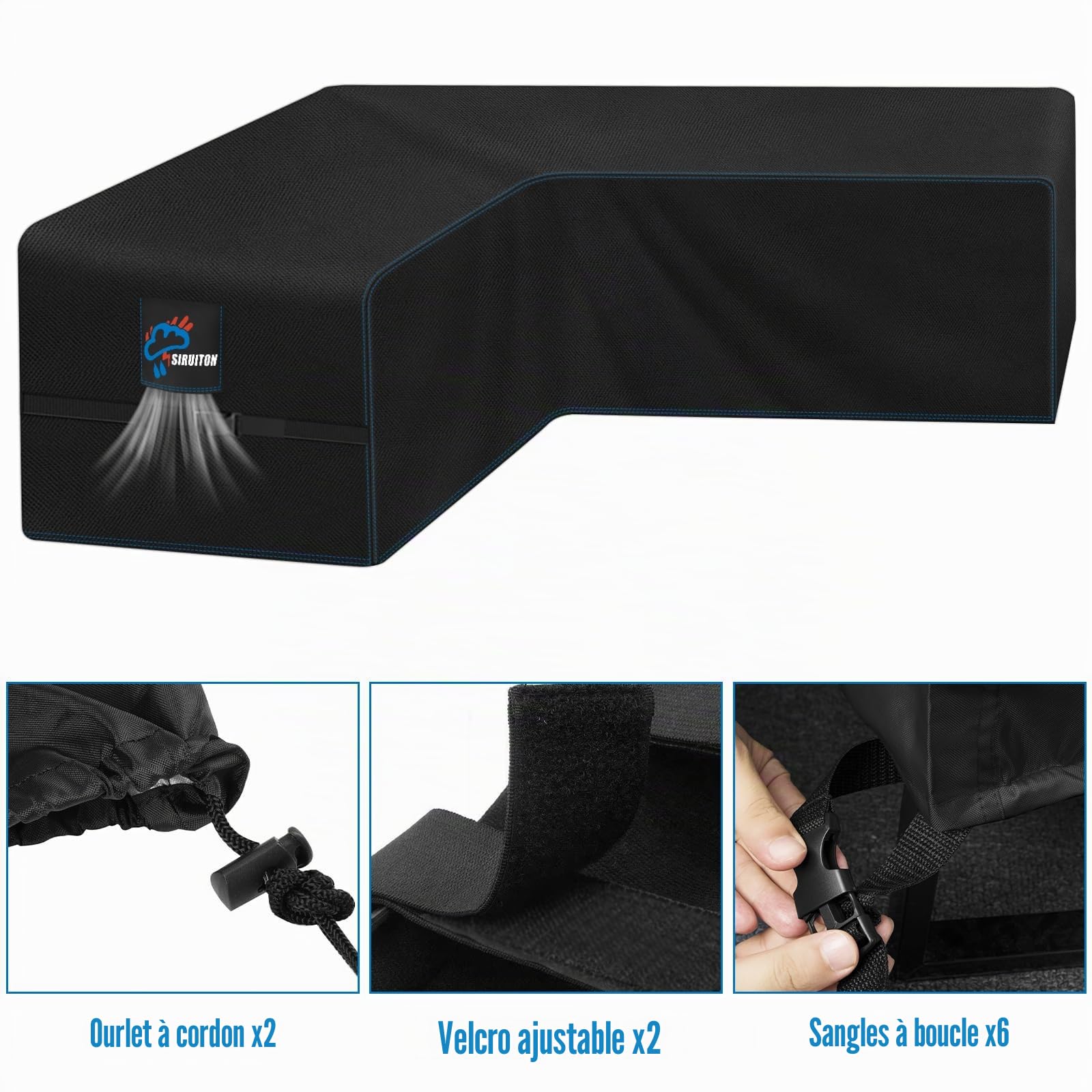 SIRUITON Housse de canapé en rotin en forme de V, imperméable et résistante aux déchirures, tissu Oxford 420D, durable pour extérieur, en forme de L avec ruban adhésif imperméable, 270 x 270 x 90 cm
