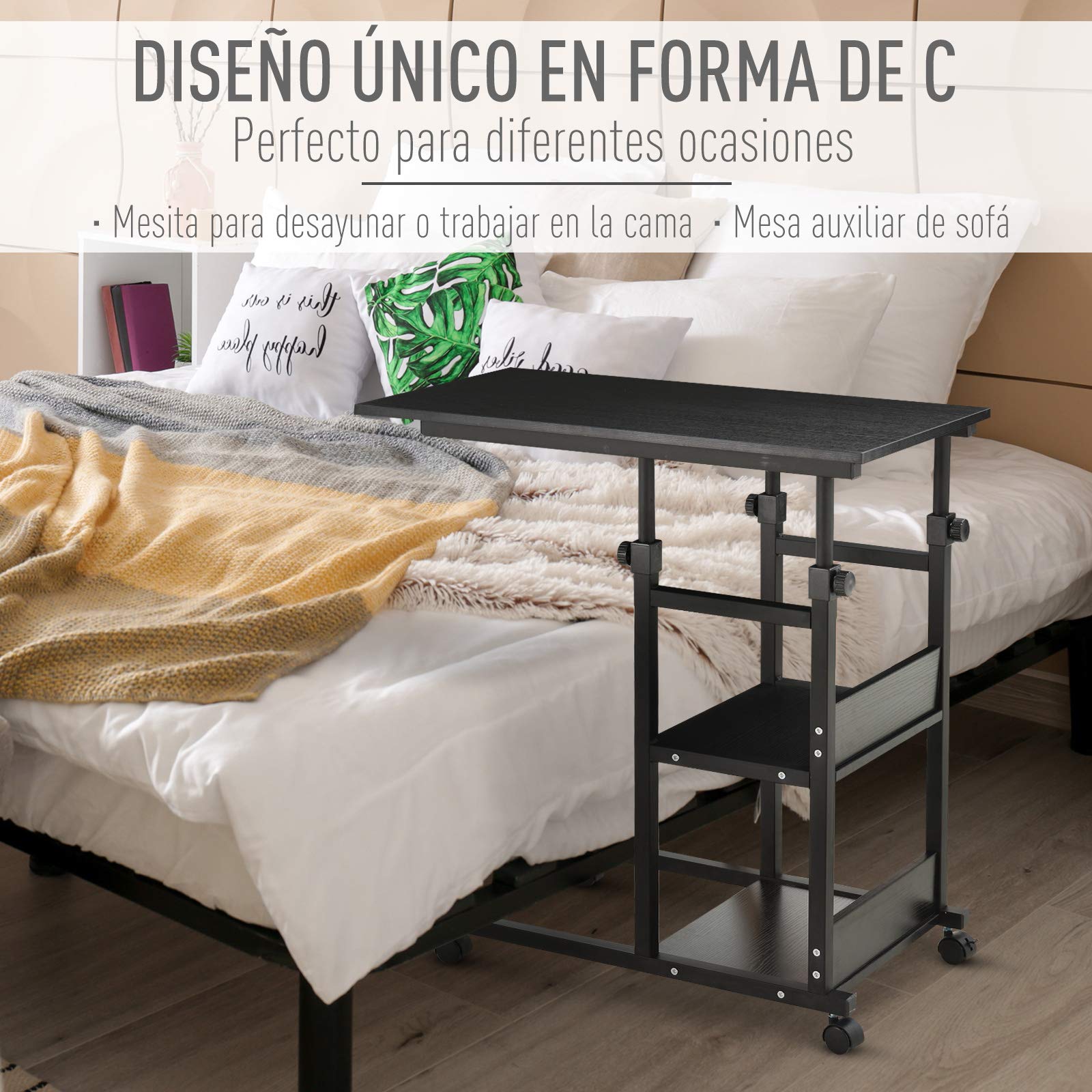HOMCOM Mesa Auxiliar con Ruedas para Sofá en Forma de C 80x40 cm Negro | Mesa para Sofá, Altura Ajustable 3 Niveles de 72-82 cm, Marco de Metal, para Salón Cocina