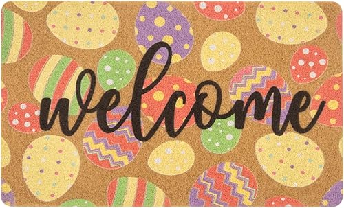 Felpudo de Pascua con diseño de huevos coloridos para entrada al aire libre, temporada de primavera, verano, vacaciones, fibra de coco artificial,