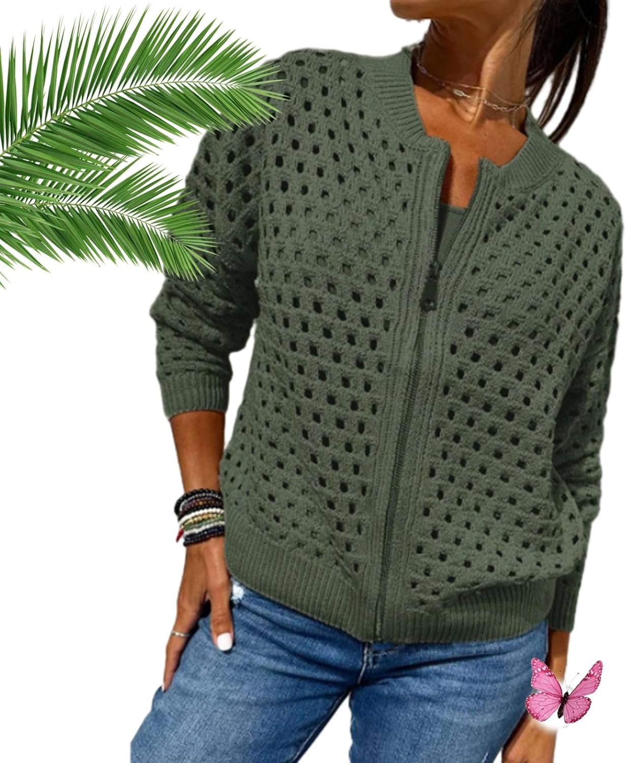 Women's Casual Hollow Knitwear Zipper Jacket,Crochet Jackets for Women Open Front Long Sleeve Cardigan Sweater