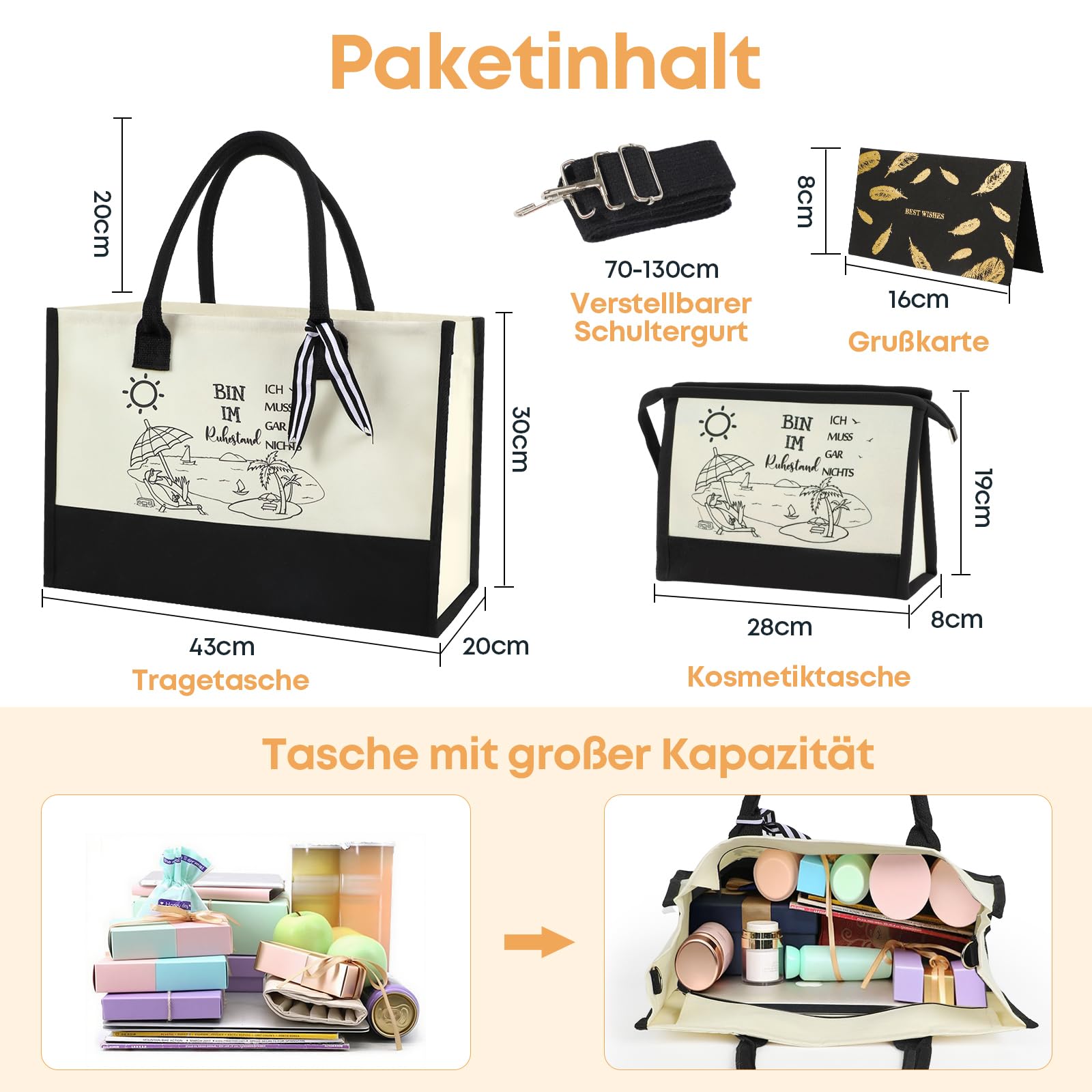 Seutgjie Rentner Geschenk Frau, Renteneintritt Geschenk Canvas Einkaufstasche Tragetasche Kosmetiktasche Set mit Glückwunschkarte für Kollegen Freunde Familie Oma Opa Geschwister