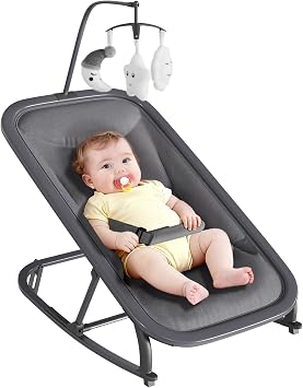 Jojoka Baby Swing for Infants, 3-Position Recline Baby Rocker with Toy Bar, Portable Infant Swing Chair with Lockable Stationary Mode, Lightweight Aluminum Frame, Grey