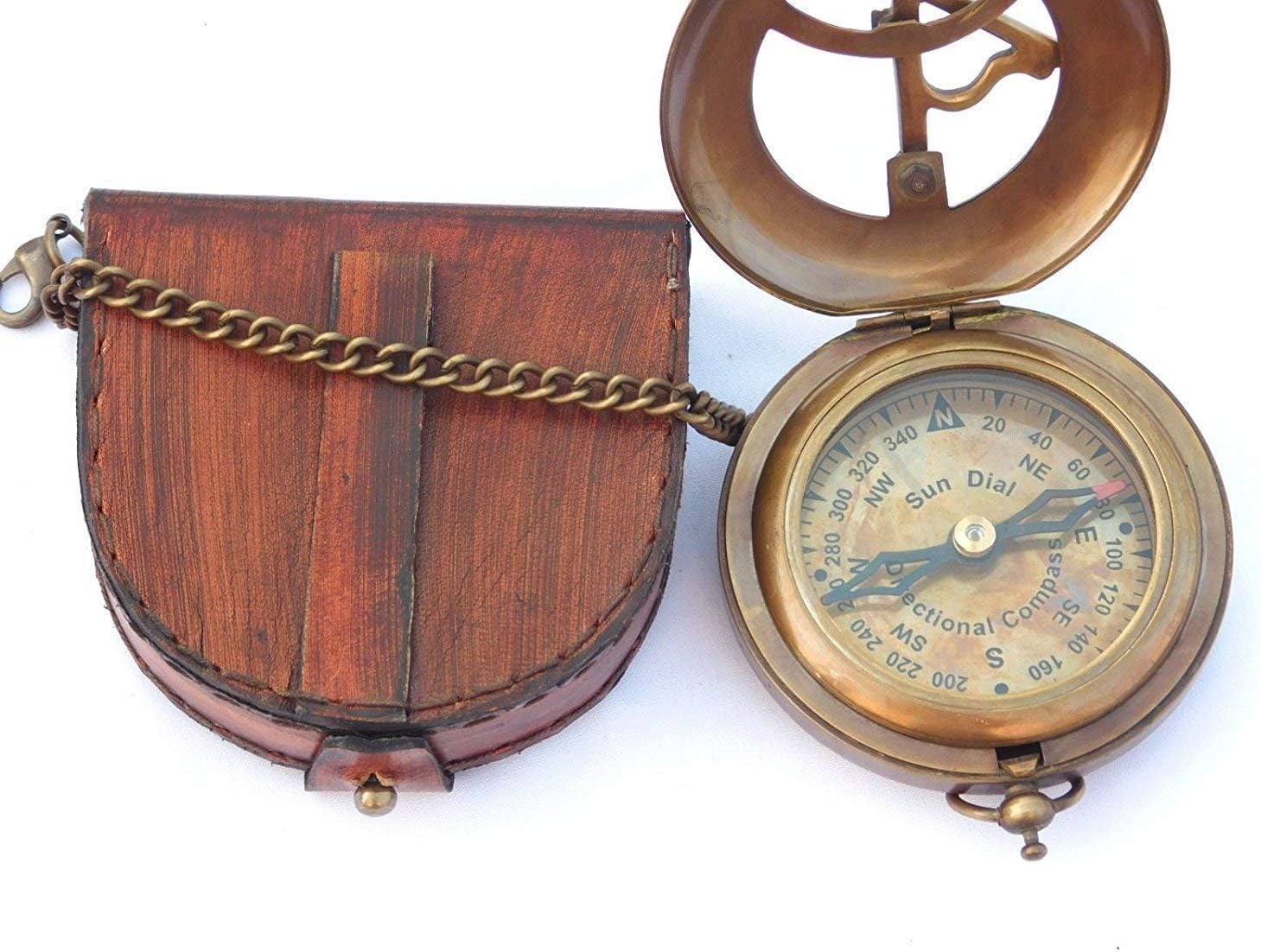 NauticalMart Brass Sundial Compass with Leather Case and Chain Push Button