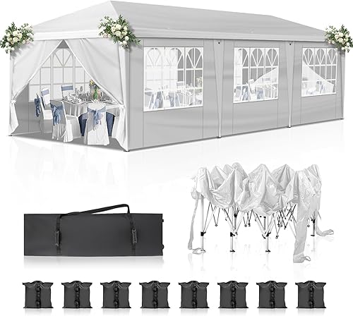 Miniatura 10 de VINGLI Toldo desplegable de 10 x 10 con paredes laterales, toldo de gazebo para exteriores, tienda de campaña para eventos en el patio, toldo Blanco