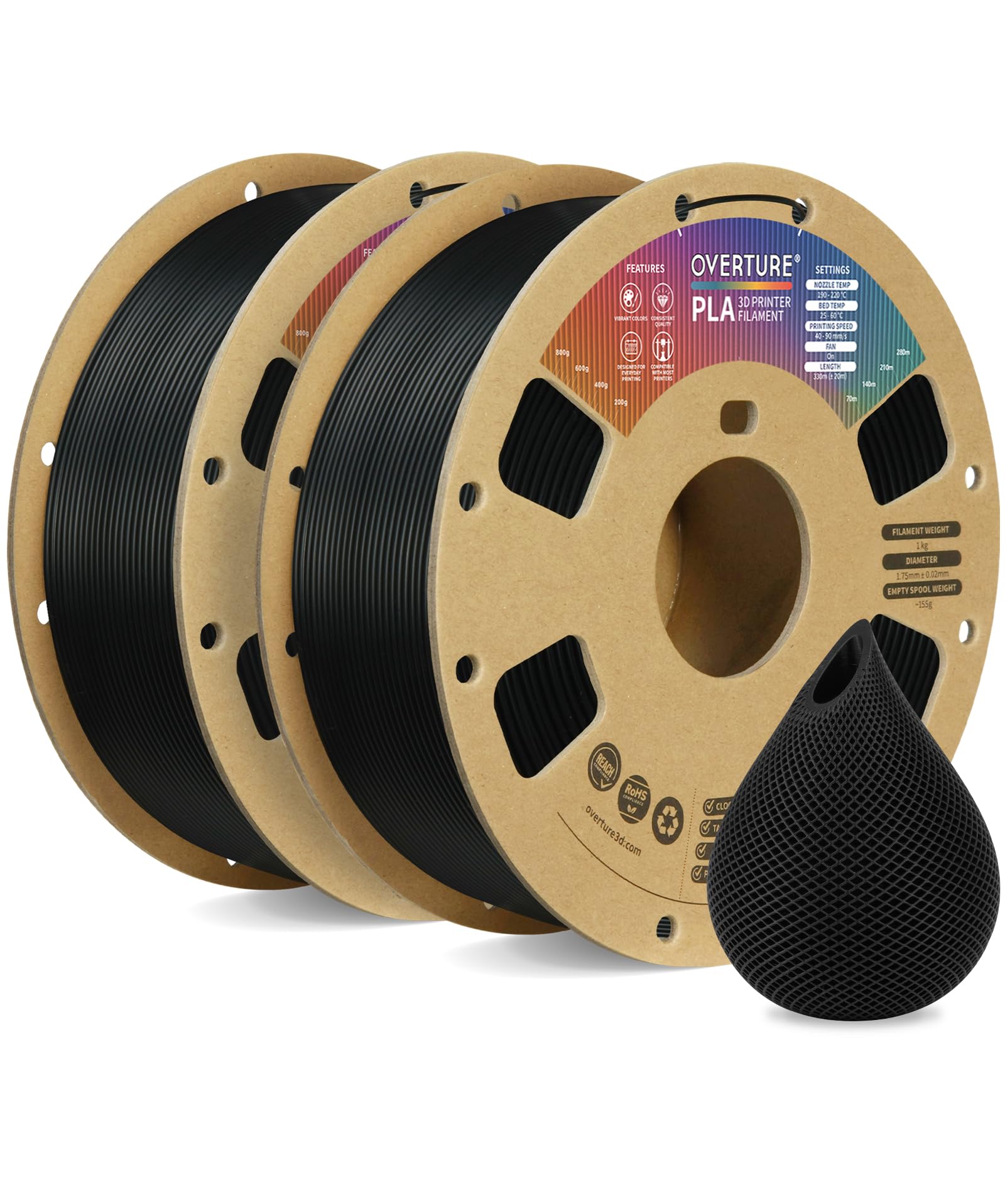 OVERTURE Filamento PLA 1.75mm, 2kg Bobina(4.4lbs), Precisione Dimensionale +/- 0.02 mm, per Stampante 3D (Nero 1kg*2)