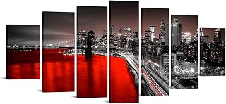 LevvArts Extra Large New York City Wall Art Canvas Brooklyn Bridge Night View Picture Print Black and Red City Painting for Home Office Living Room 70" W x 32" H Overall (Red)