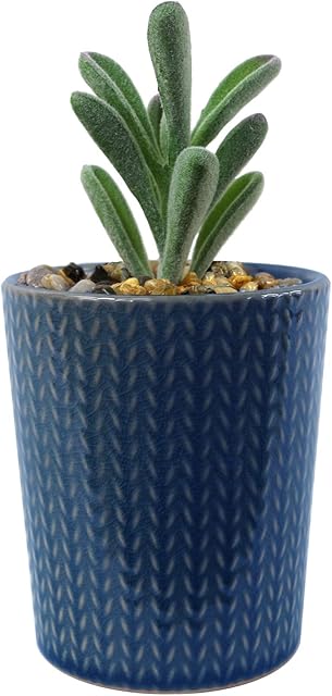 Leaf Ceramic Stripe Planter with Artificial Plant