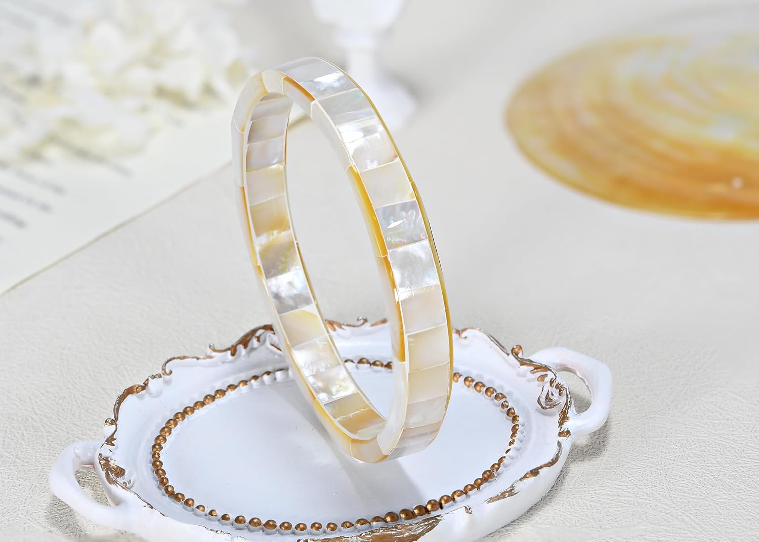 AeraVida Tropical & Stylish White Mother of Pearl Mosaic Bangle Bracelet | 8 Inch | Tropical Bracelets for Women | White Mother of Pearl Bracelet