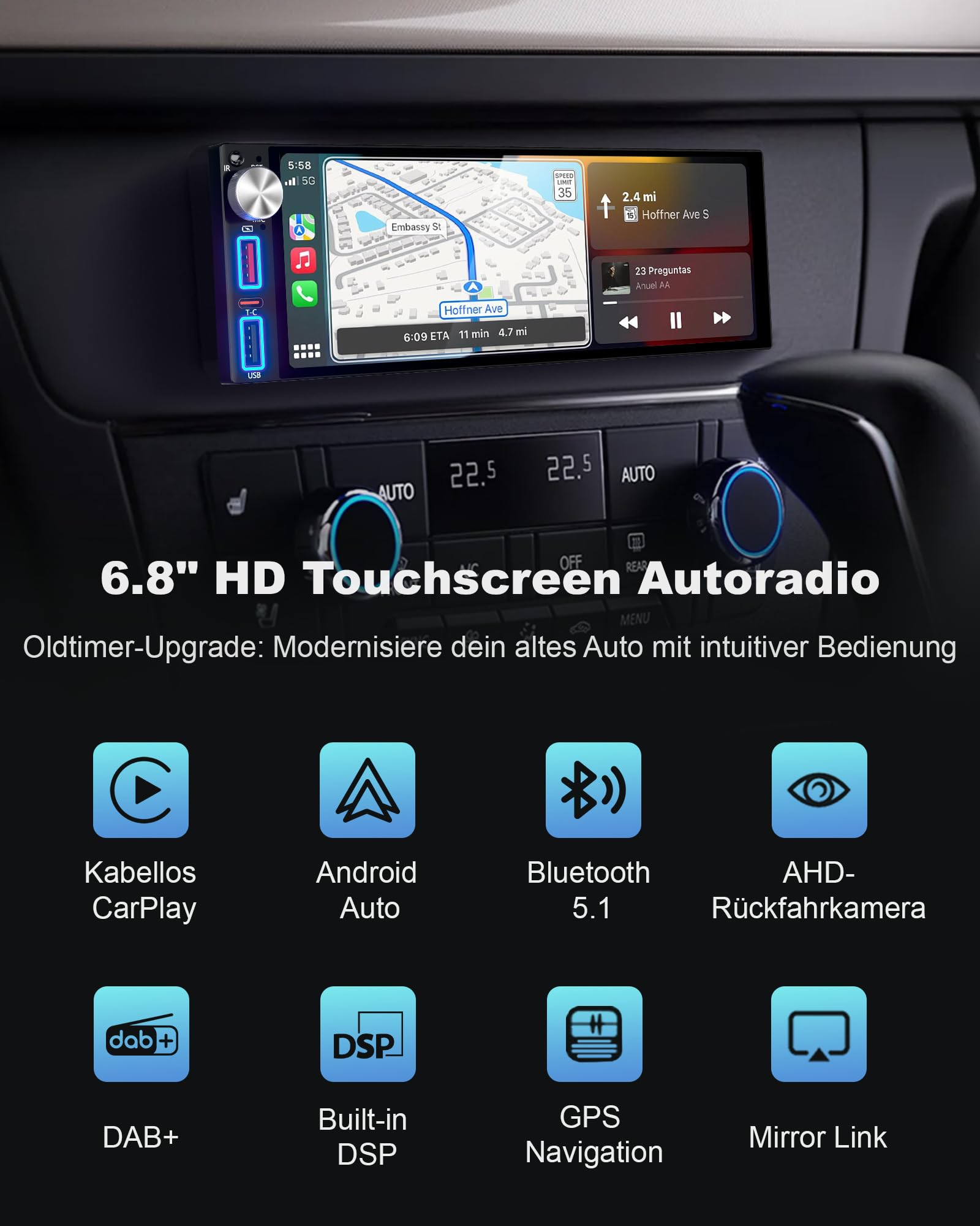 DAB/DAB+ 6,8 Zoll 1 DIN HD Autoradio mit Drahtlosem CarPlay & Android Auto, Type-C Schnellladung, DSP, Voice Control, AHD Rückfahrkamera &Mikrofonunterstützung, Bluetooth 5.2, AM/FM/RDS, AUX, SWC