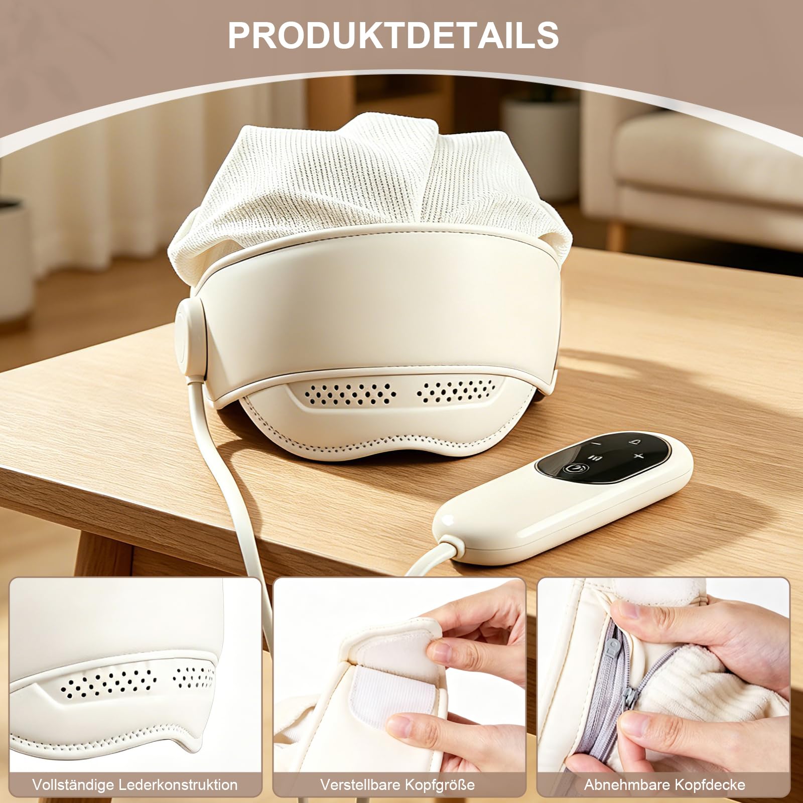 Elektrisches Kopfmassagegerät mit Hitze, 3 in 1 Kopf Augenmassager, 6-Zonen Surround Airbag Kopfhaut Massager mit Abnehmbarer Kapuze, 4 Massagemodi, Stresslinderung für Zuhause Büro Reisen