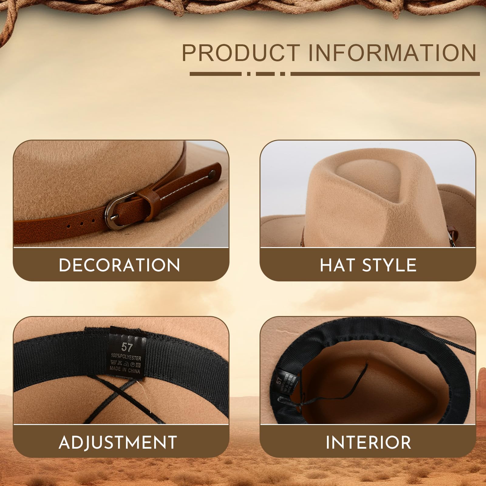 Cowboyhut für Männer und Frauen, Unisex Western Cowboy Hut, Filz Wide Edge Western Cowboy Hut Klassischer Panamahut Outdoor Wide Edge Hut mit Riemen (Camel)