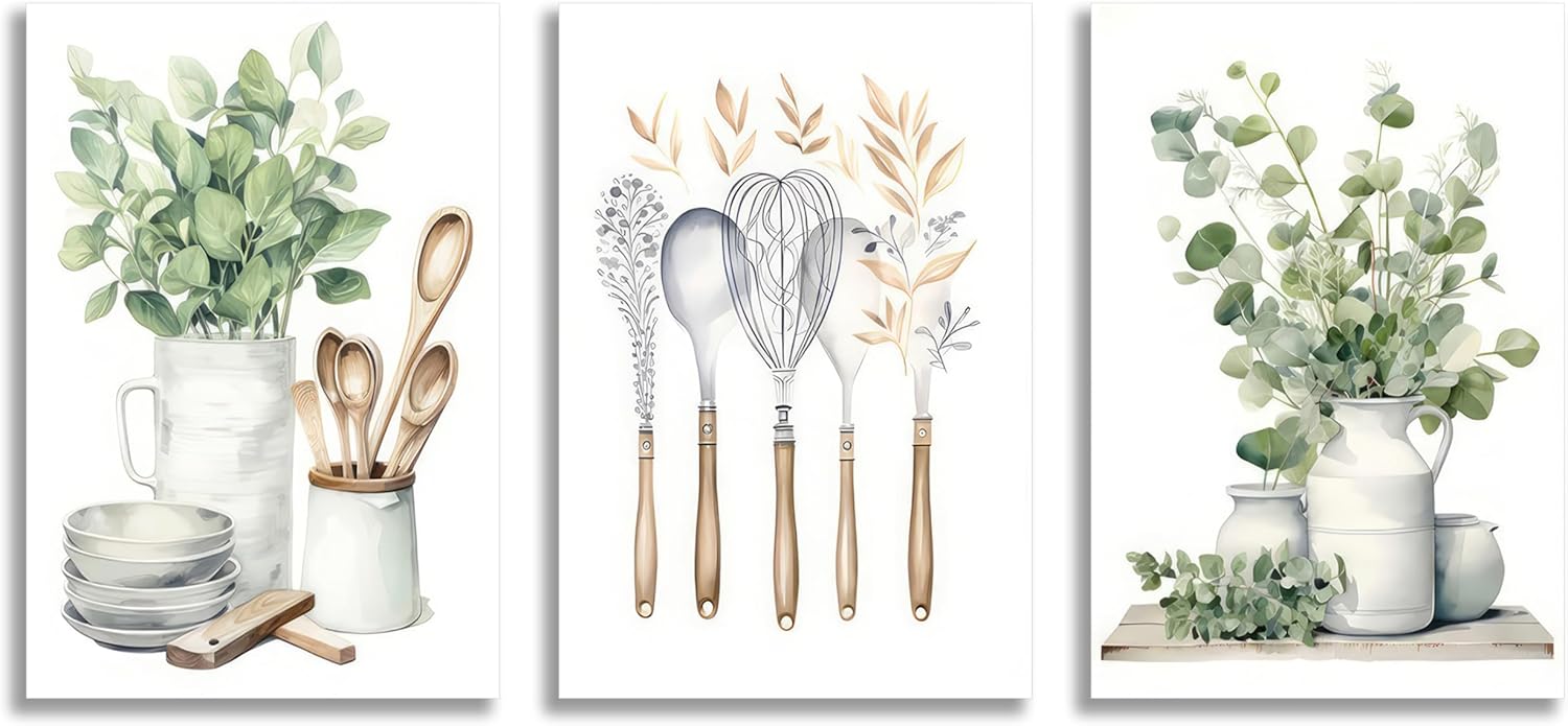 Boho Farmhouse Kitchen Canvas Wall Art Sage Green Plants Painting Pictures Dining Room Wall Decor Eucalyptus Leaves Green Botanical Poster Print Artwork for Farmhouse Kitchen Home Decoration