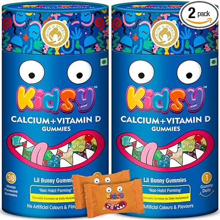 Mom & World Kidsy Calcium + Vitamin D Gummies for Kids, Chewable Gummies, No Gelatin, For Daily Nourishment, 30 (Mango Flavoured) Gummies x Pack Of 2